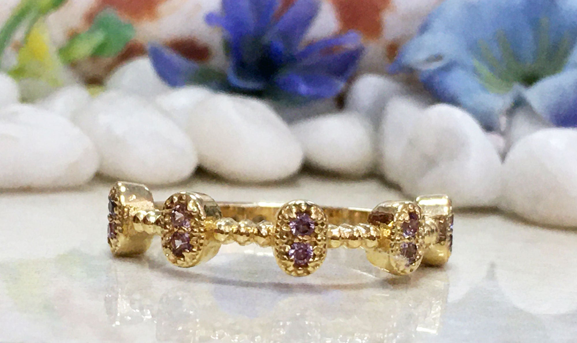 Round Alexandrite Ten Stone Bezel Ring - H.L.Jewelry