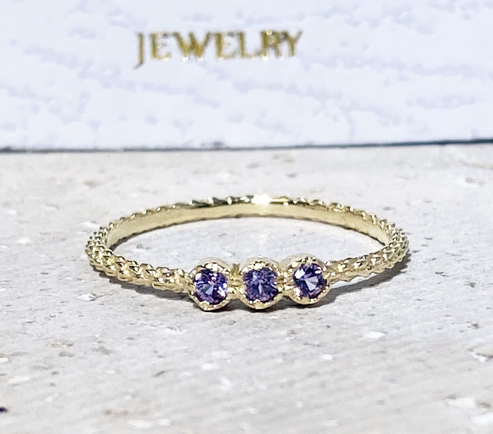 Round Alexandrite Three Stone Simple Stacking Ring - H.L.Jewelry