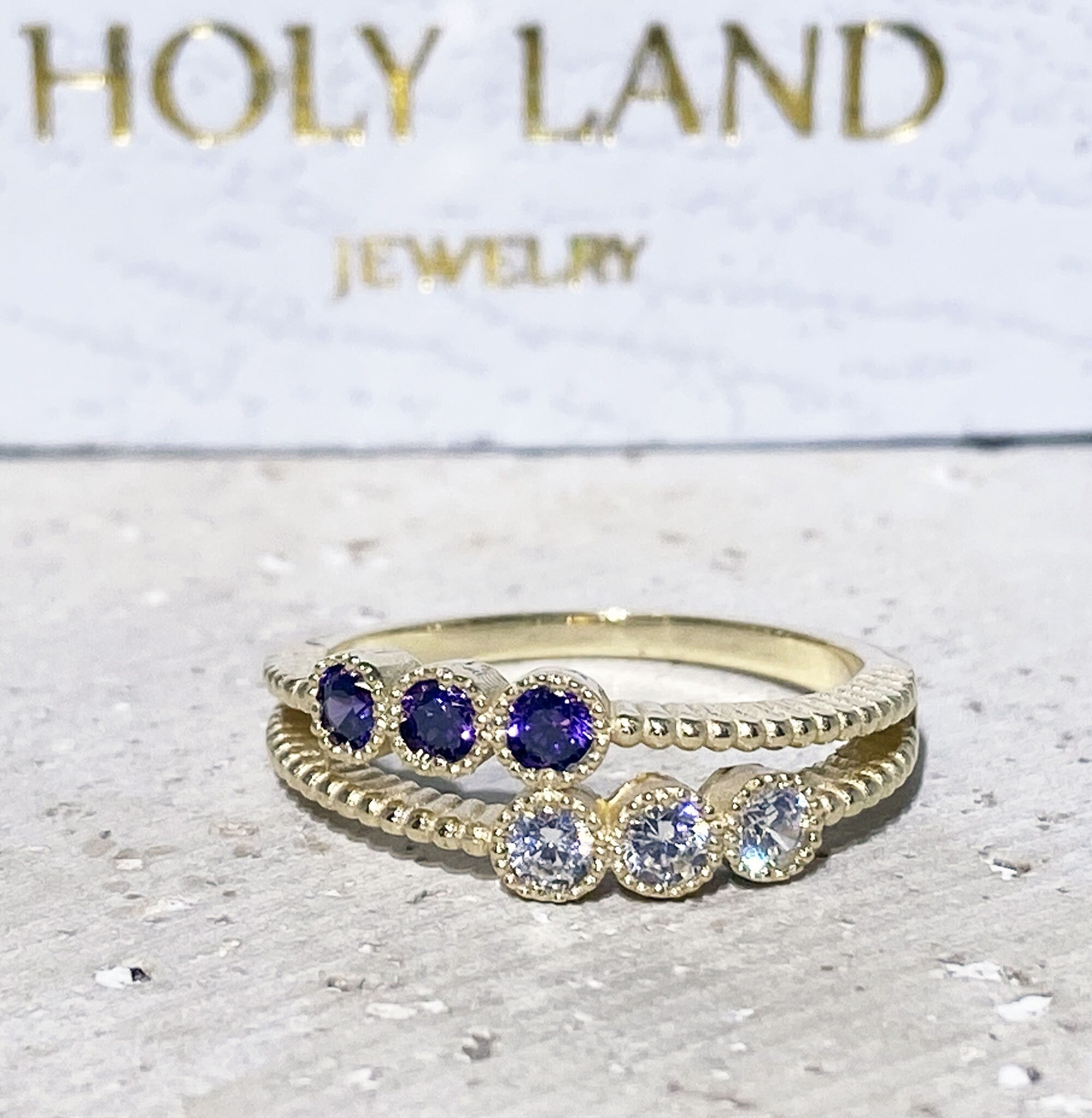 Round Amethyst & Clear Quartz Six-Stone Stackable Dual Ring Set - H.L.Jewelry
