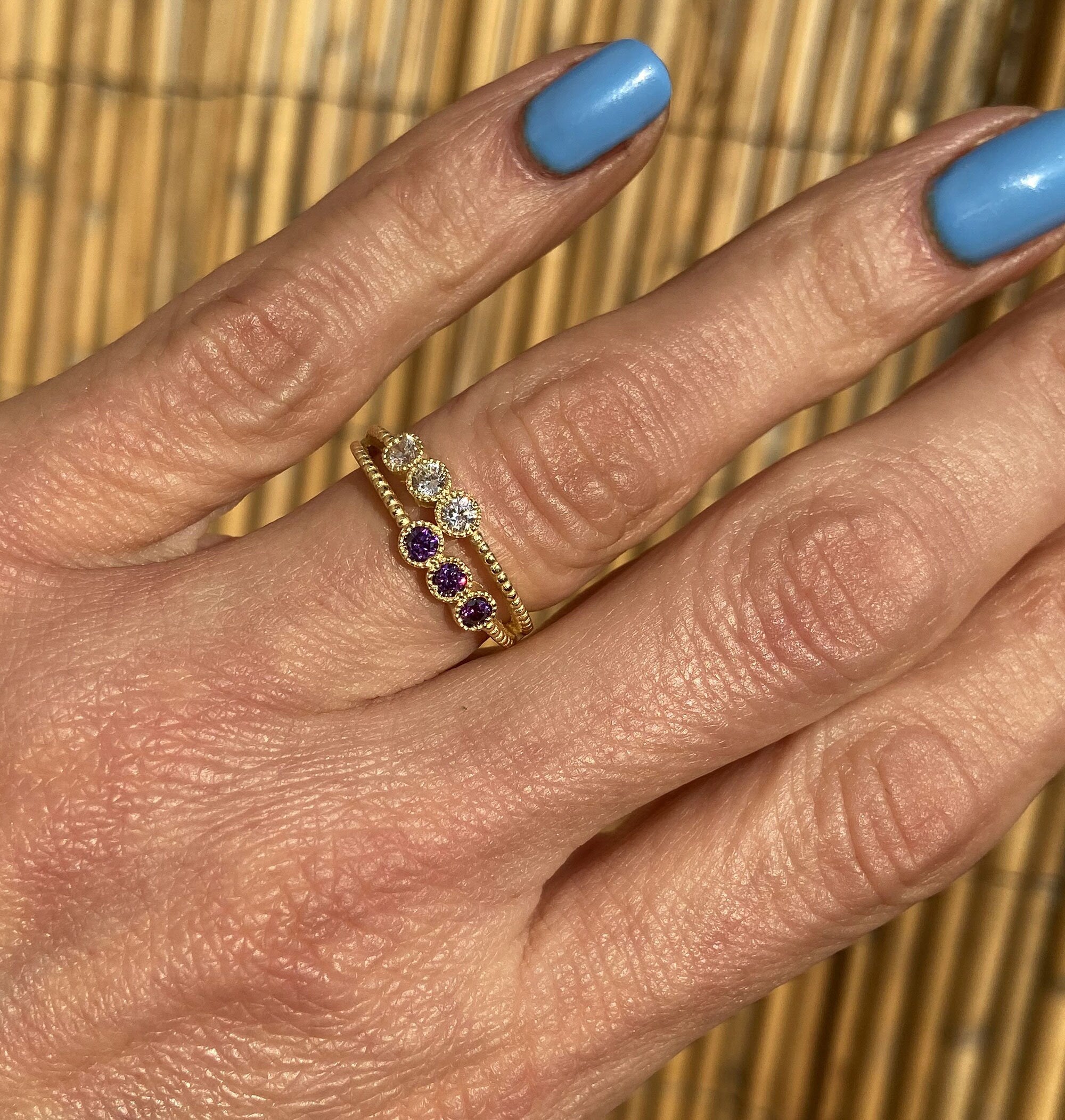 Round Amethyst & Clear Quartz Six-Stone Stackable Dual Ring Set - H.L.Jewelry