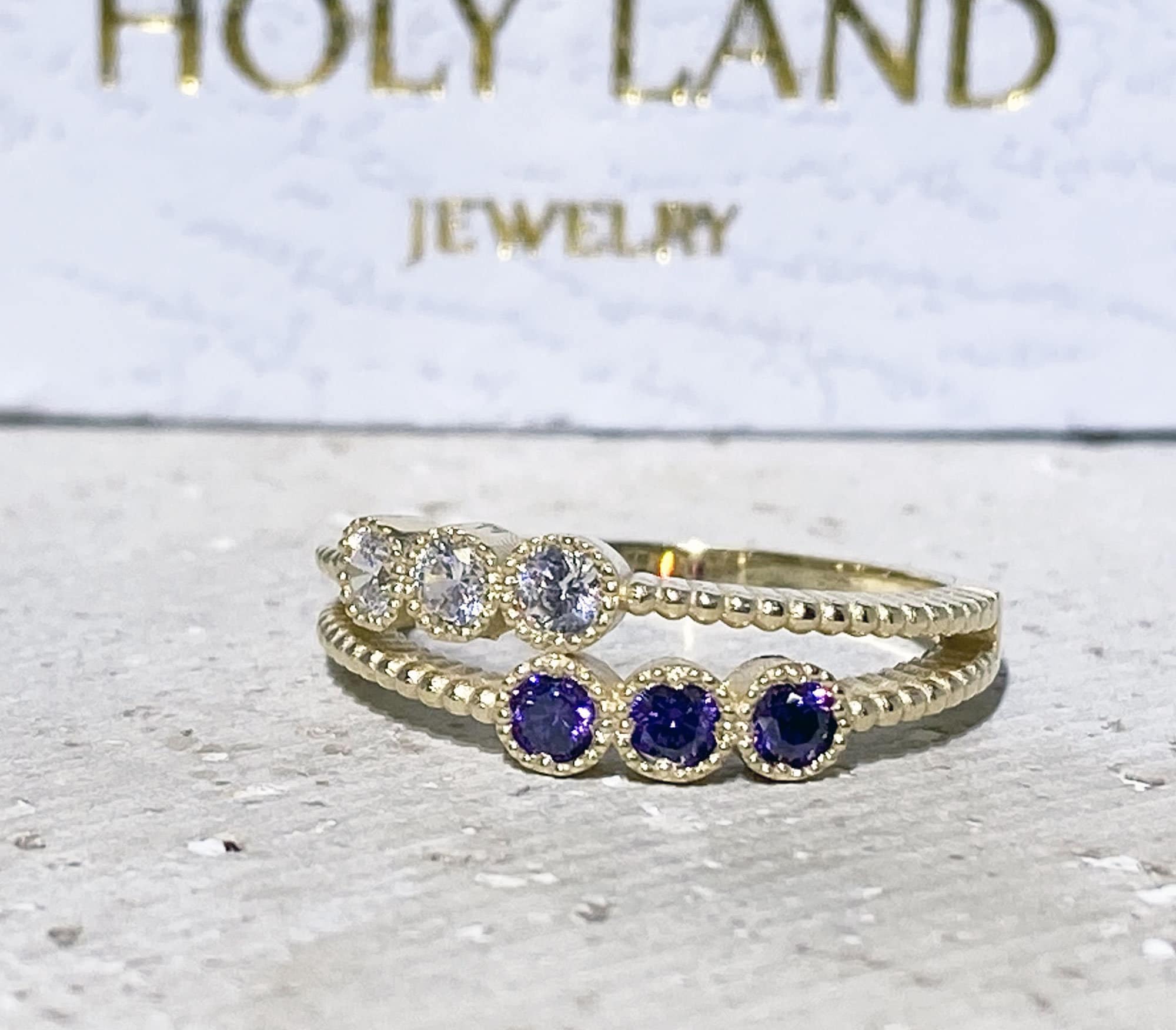 Round Amethyst & Clear Quartz Six-Stone Stackable Dual Ring Set - H.L.Jewelry