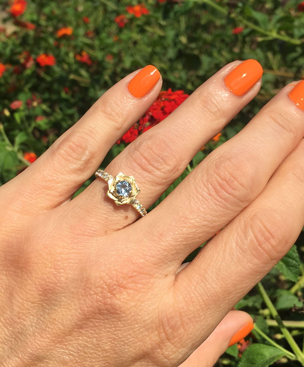 Round Aquamarine Camellia Ring with Clear Quartz Accents - H.L.Jewelry