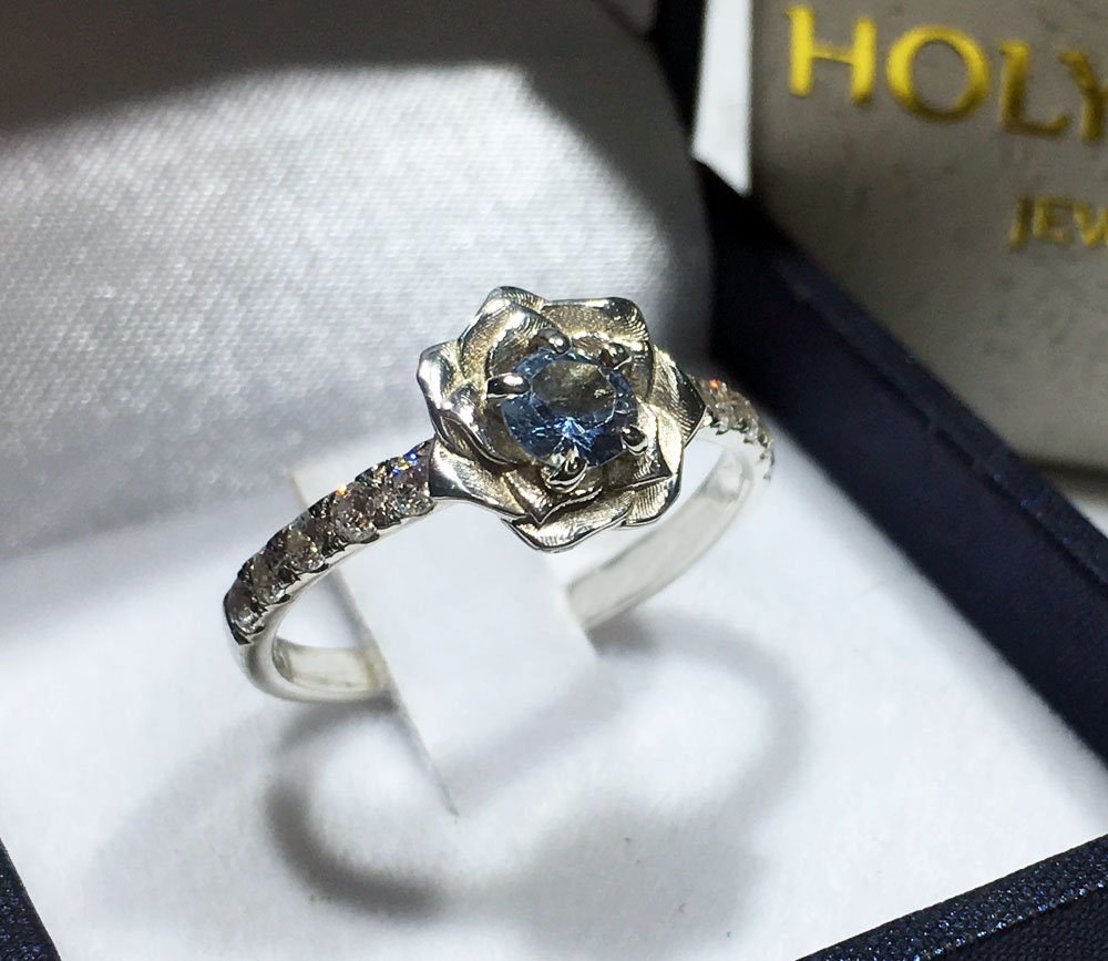 Round Aquamarine Camellia Ring with Clear Quartz Accents - H.L.Jewelry