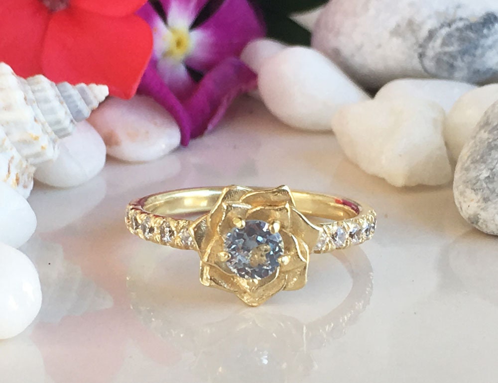 Round Aquamarine Camellia Ring with Clear Quartz Accents - H.L.Jewelry