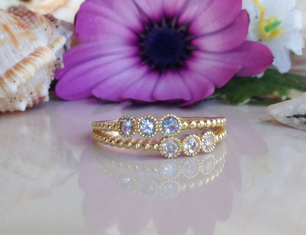 Round Aquamarine & Clear Quartz Six-Stone Stackable Dual Ring Set - H.L.Jewelry