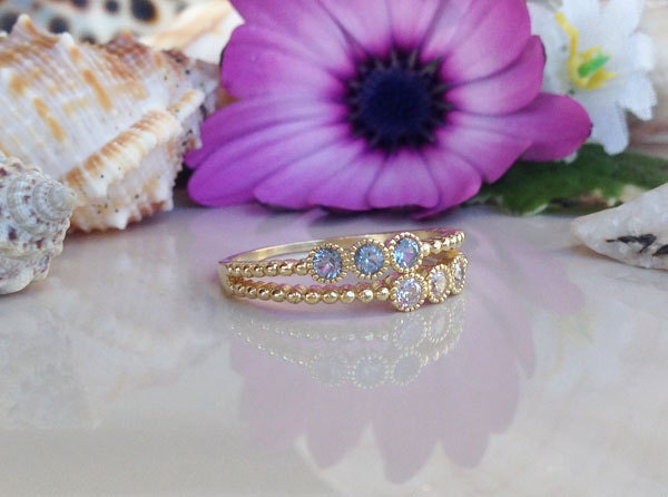 Round Aquamarine & Clear Quartz Six-Stone Stackable Dual Ring Set - H.L.Jewelry