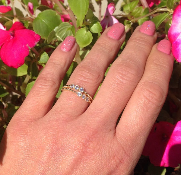 Round Aquamarine & Clear Quartz Six-Stone Stackable Dual Ring Set - H.L.Jewelry