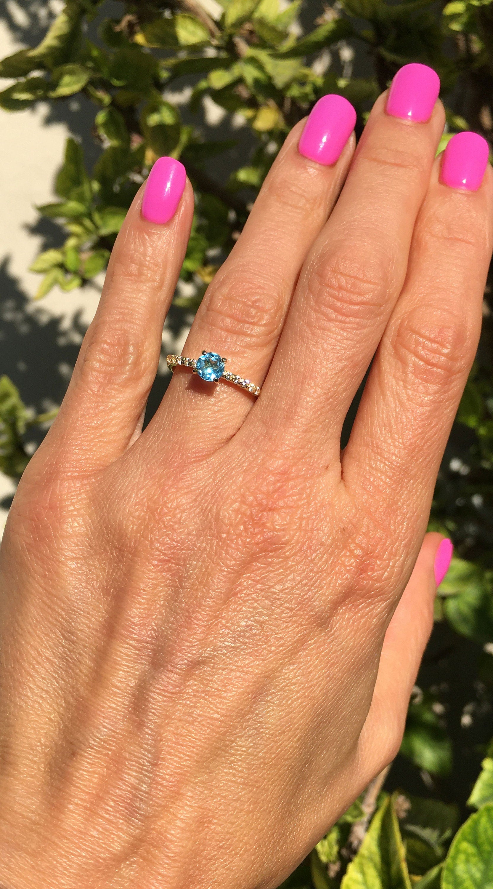 Round Aquamarine Delicate Ring with Clear Quartz Accents - H.L.Jewelry