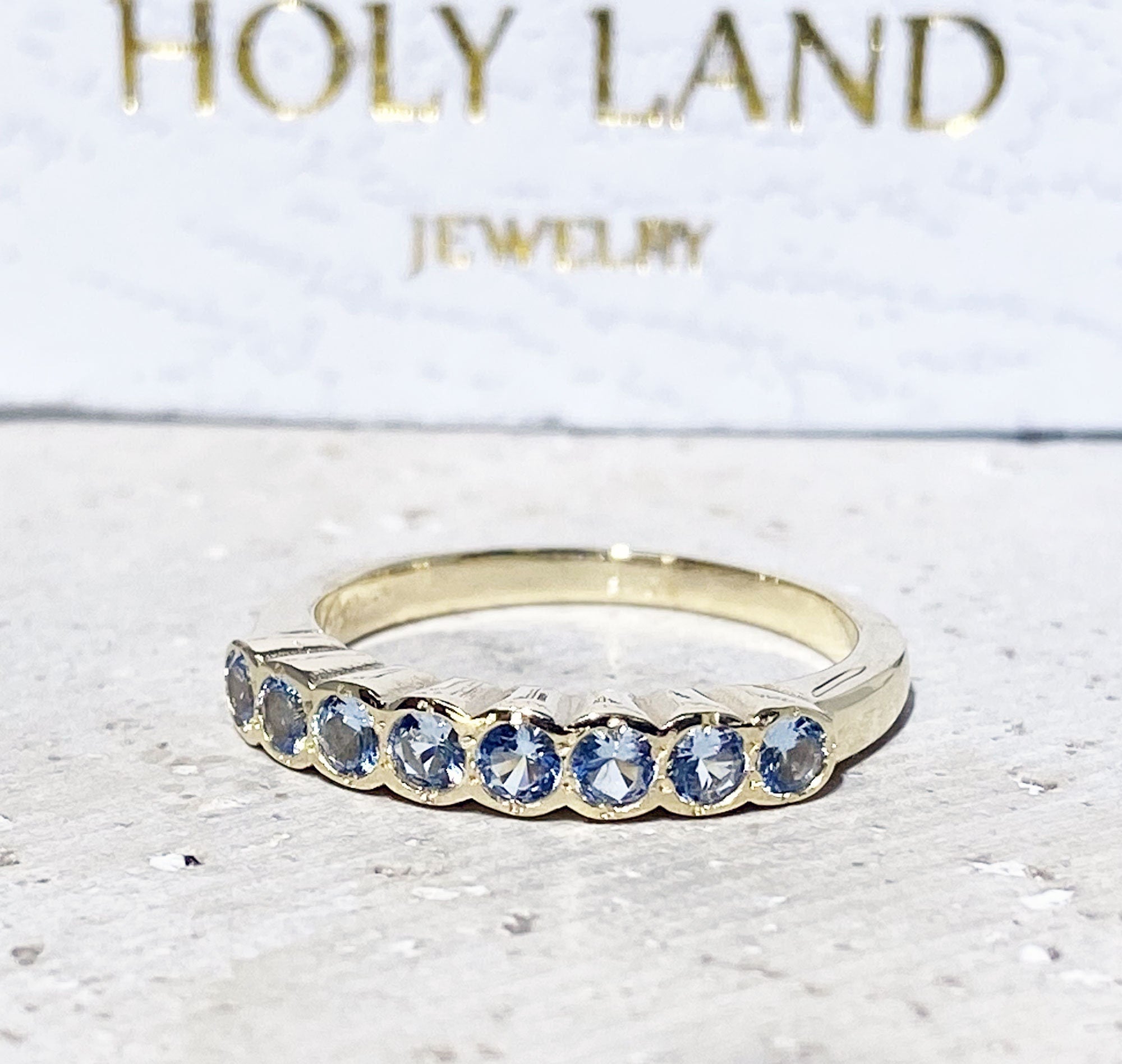 Round Aquamarine Eight Stone Stacking Half Eternity Simple Ring - H.L.Jewelry