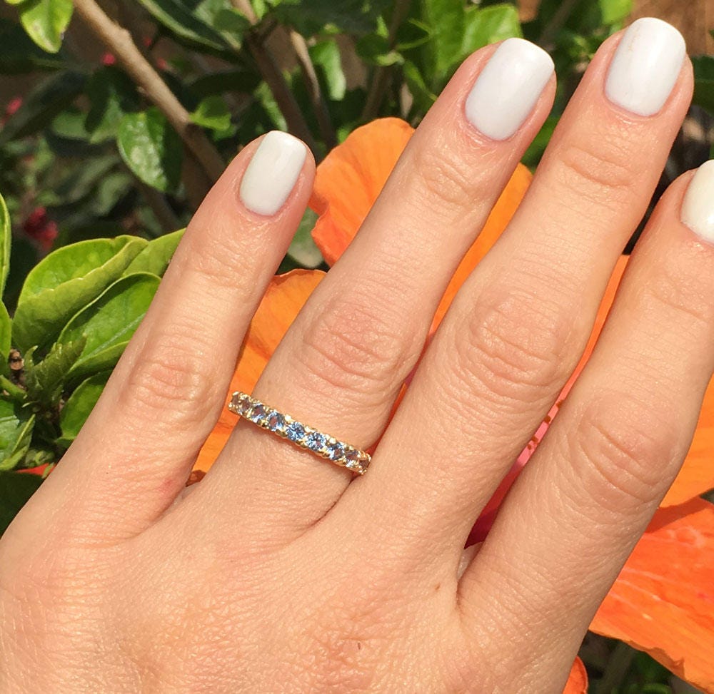 Round Aquamarine Eleven Stone Simple Stacking Half Eternity Ring - H.L.Jewelry