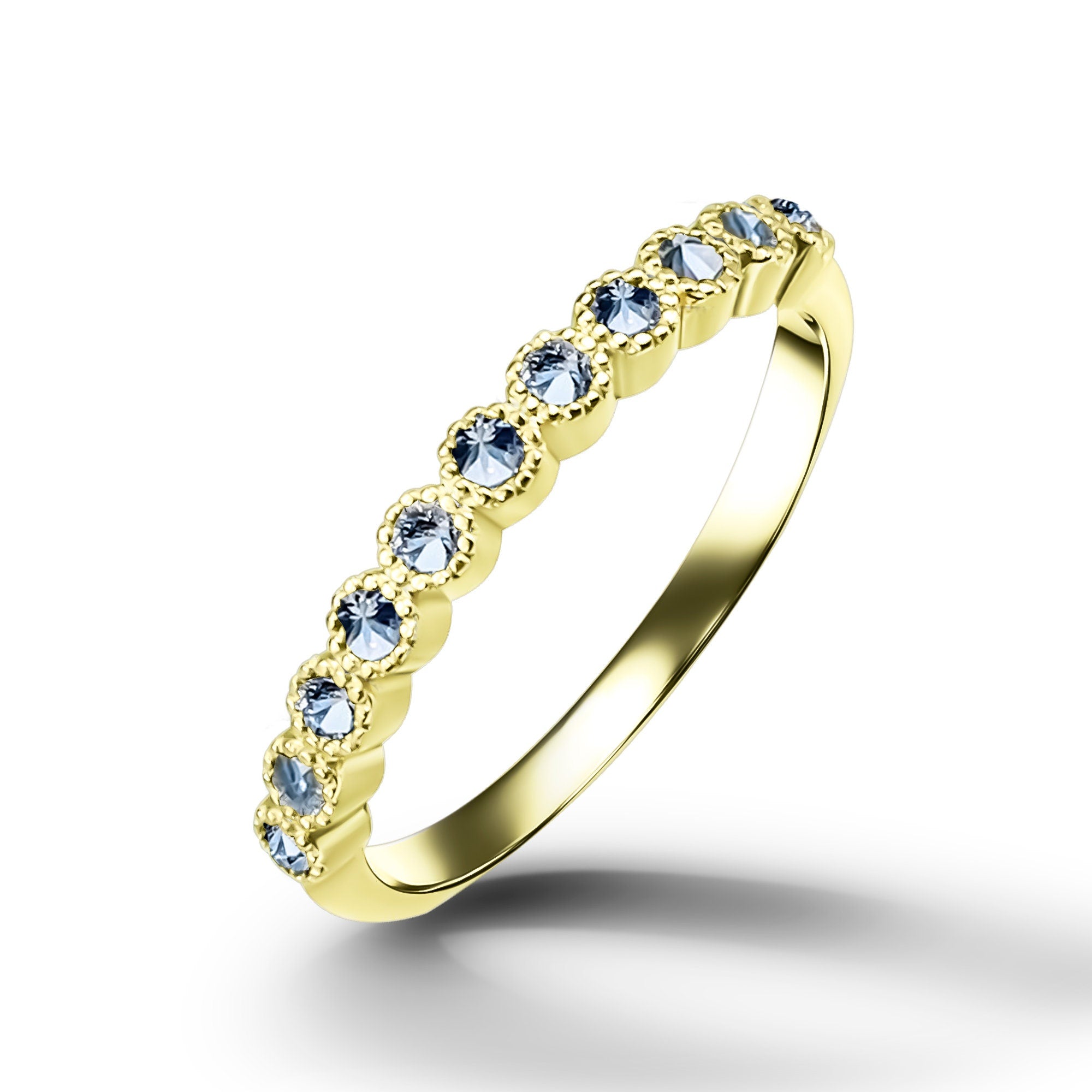 Round Aquamarine Eleven Stone Stacking Half Eternity Simple Ring - H.L.Jewelry