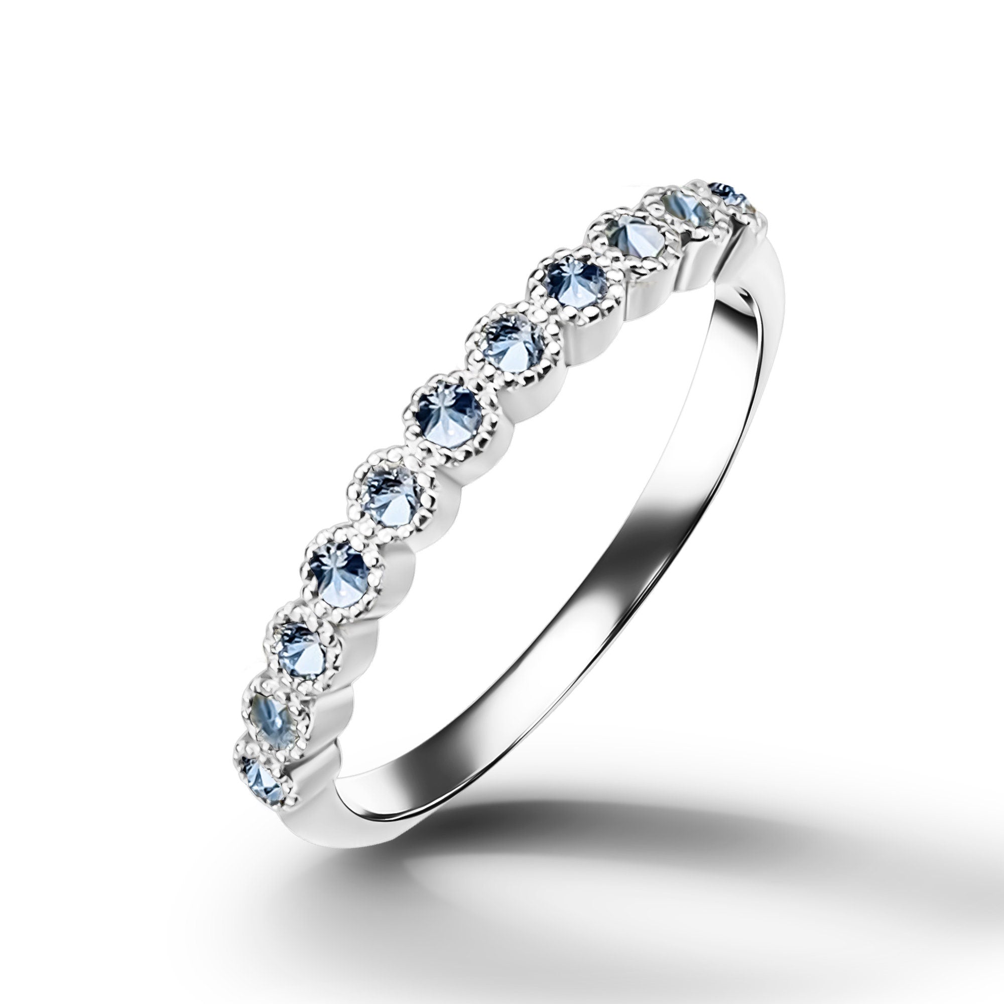 Round Aquamarine Eleven Stone Stacking Half Eternity Simple Ring - H.L.Jewelry