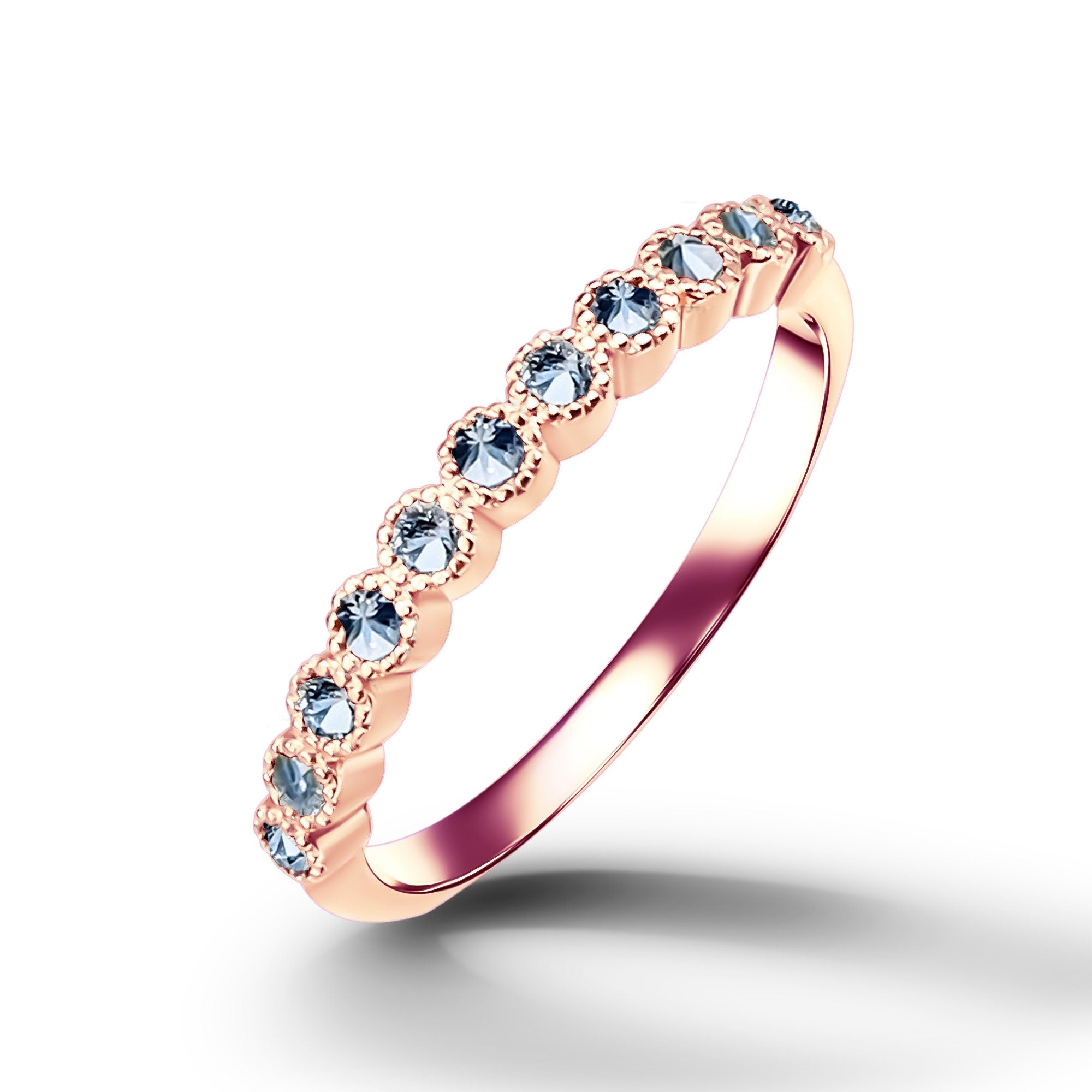 Round Aquamarine Eleven Stone Stacking Half Eternity Simple Ring - H.L.Jewelry