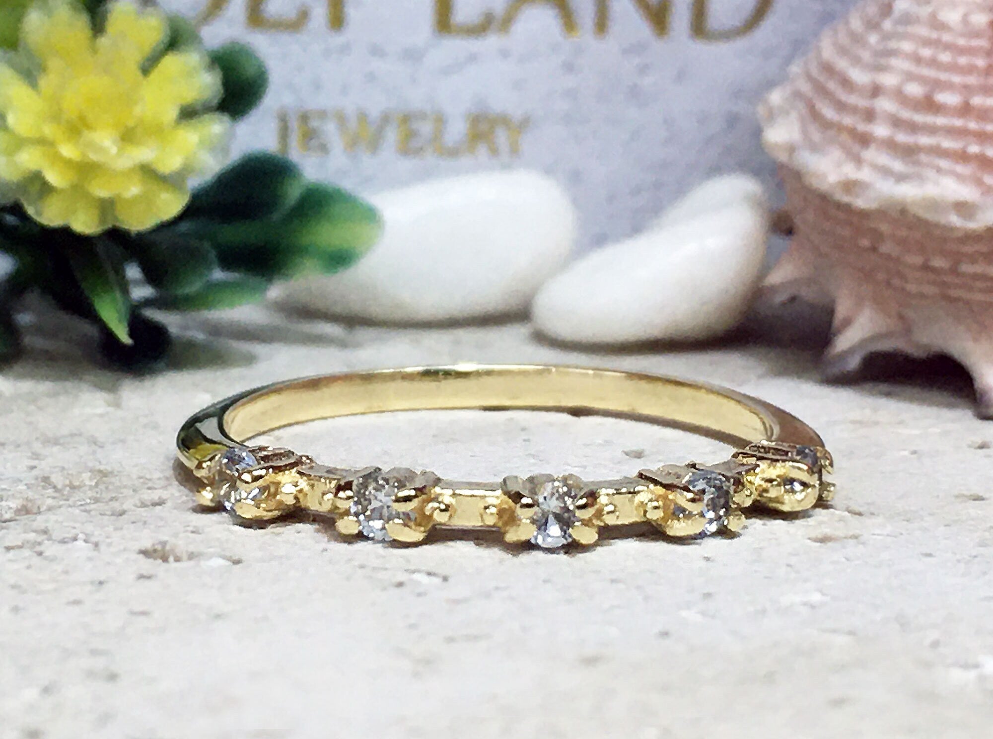 Round Aquamarine Five Stone Delicate Simple Stacking Ring - H.L.Jewelry