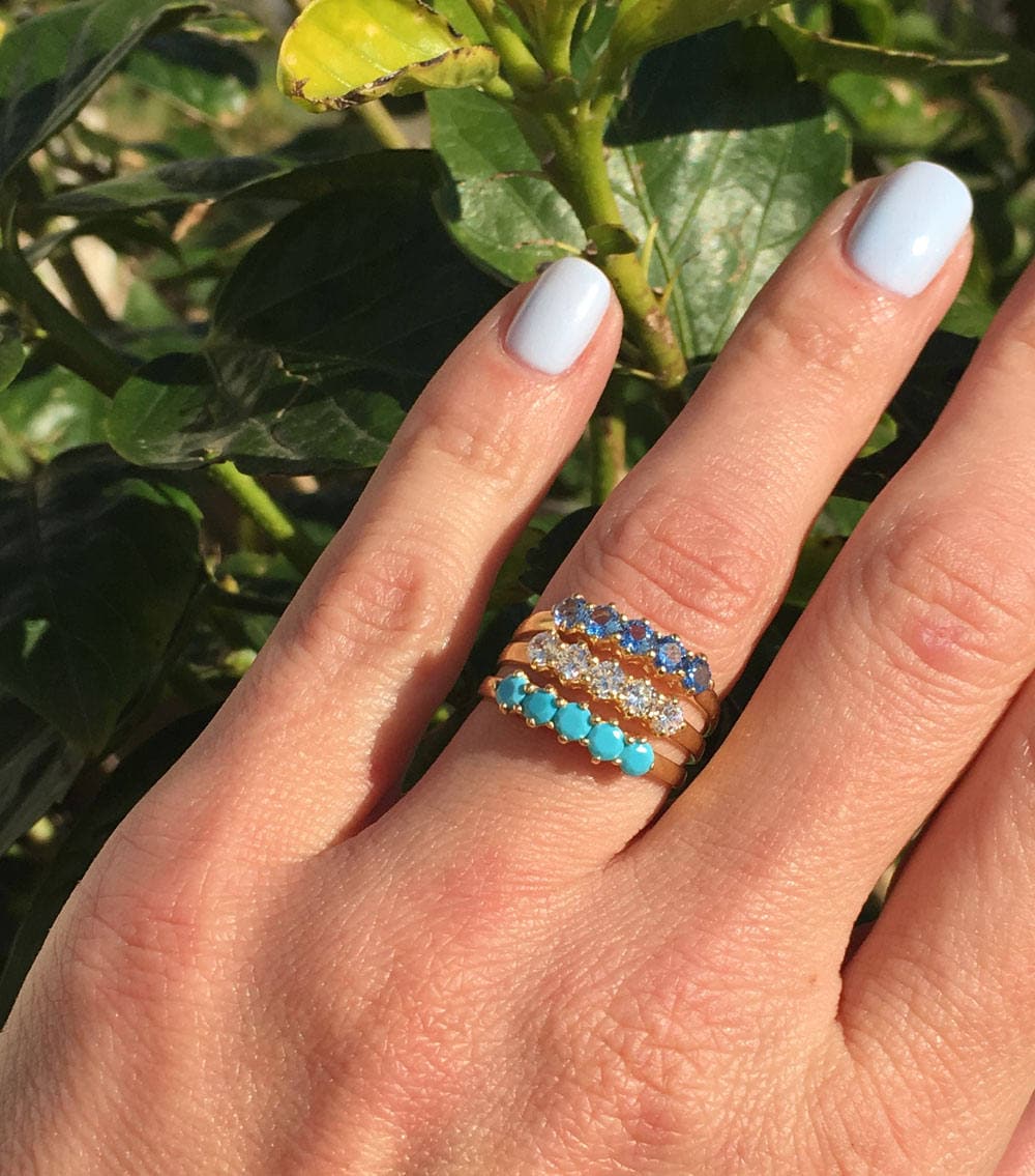 Round Aquamarine Five Stone Stacking Simple Ring - H.L.Jewelry