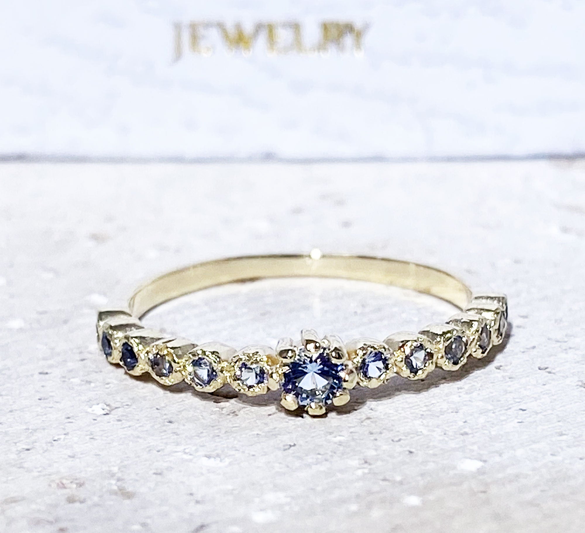 Round Aquamarine Half Eternity Simple Stacking Ring - H.L.Jewelry