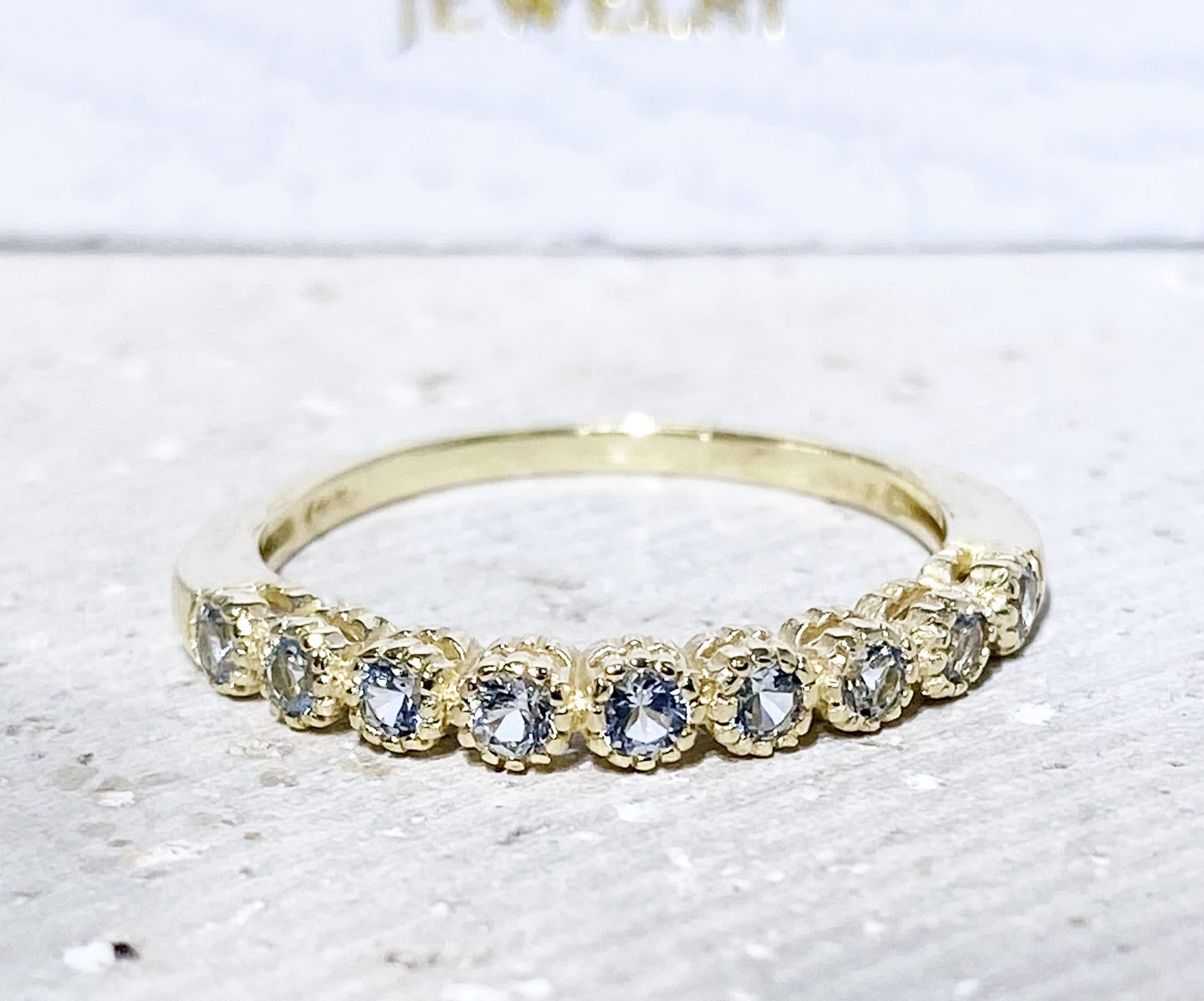 Round Aquamarine Nine Stone Simple Stacking Half Eternity Ring - H.L.Jewelry