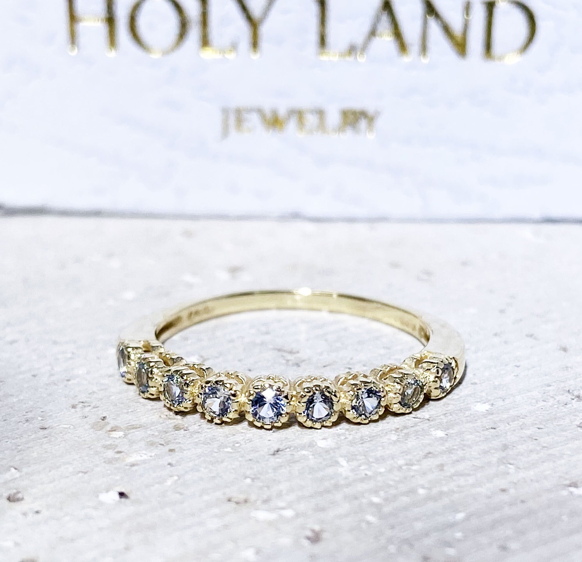 Round Aquamarine Nine Stone Simple Stacking Half Eternity Ring - H.L.Jewelry