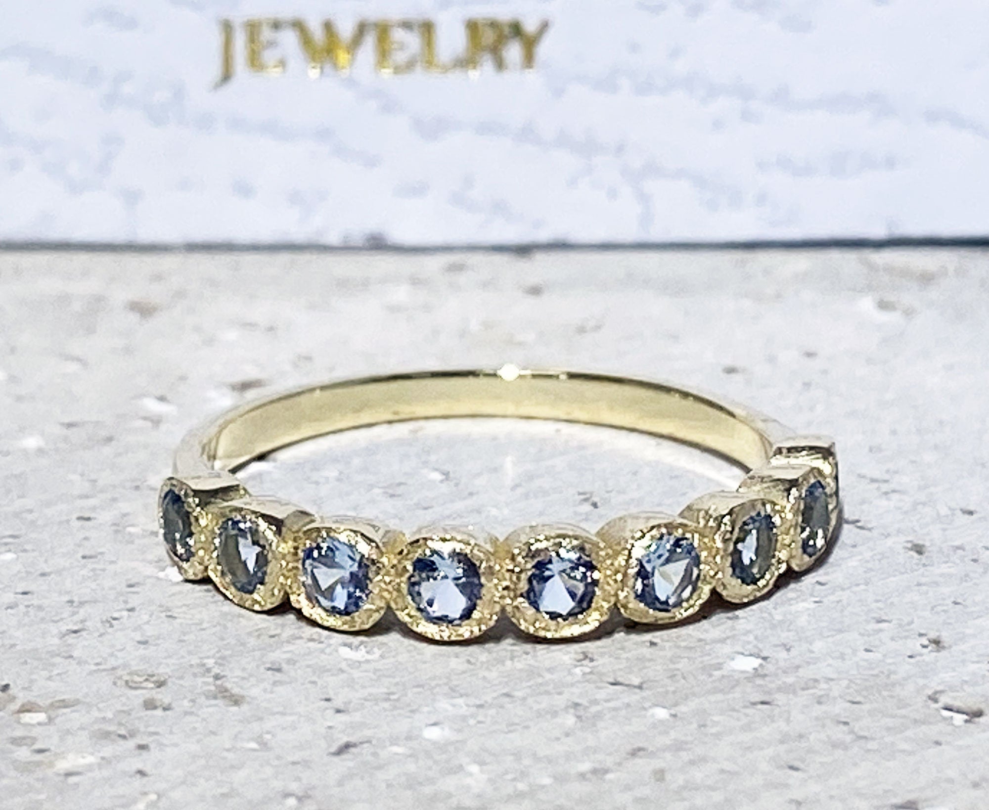 Round Aquamarine Nine Stone Stacking Half Eternity Bezel Ring - H.L.Jewelry