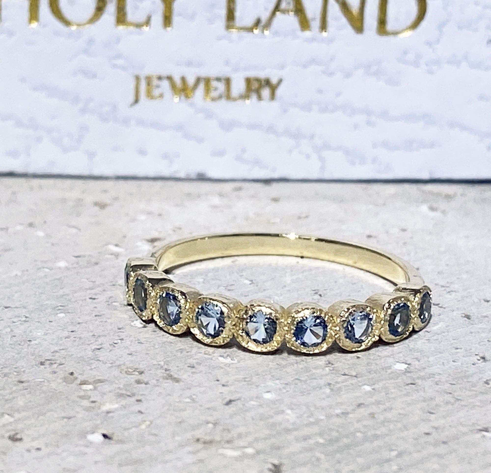 Round Aquamarine Nine Stone Stacking Half Eternity Bezel Ring - H.L.Jewelry