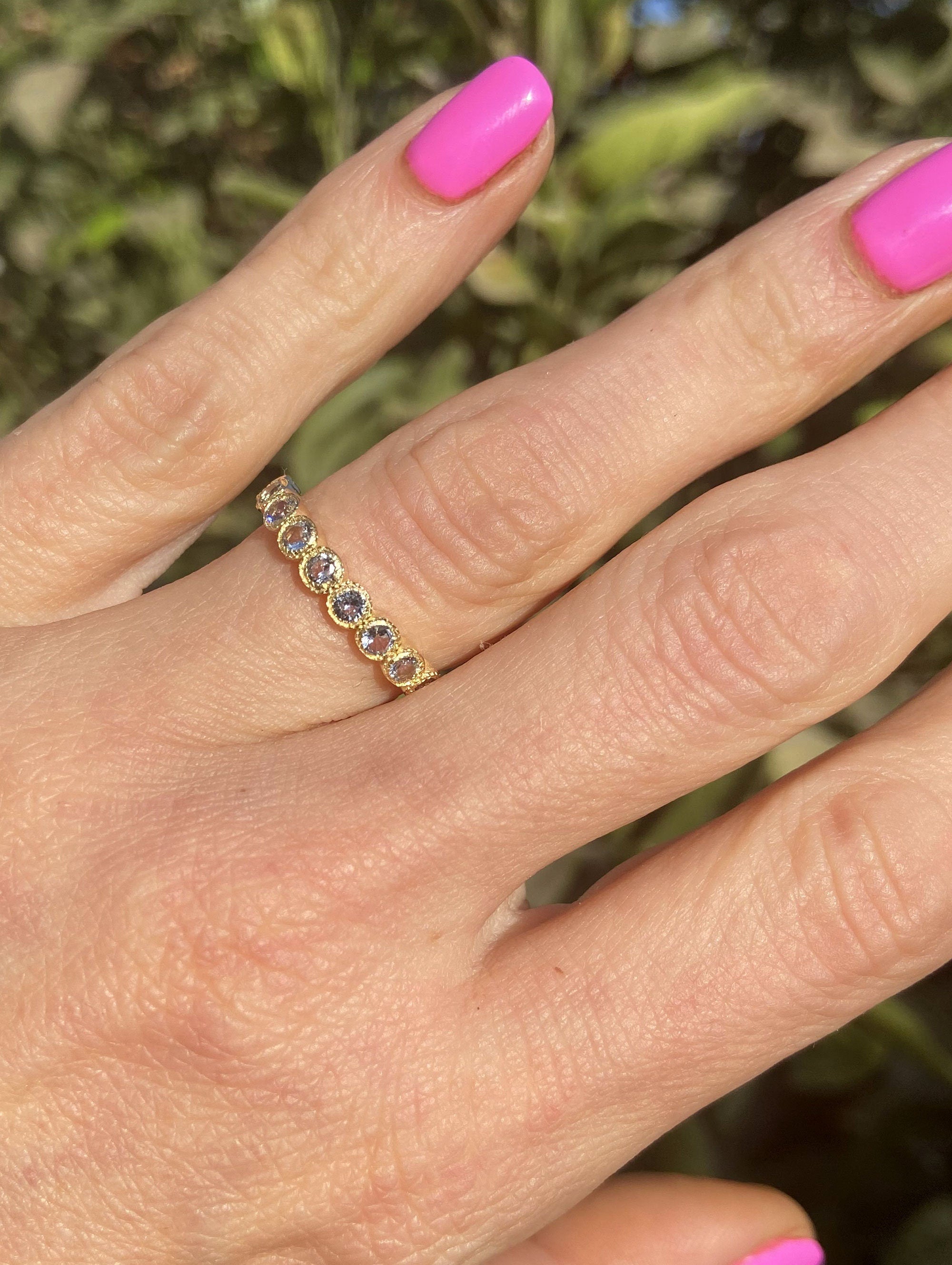 Round Aquamarine Nine Stone Stacking Half Eternity Bezel Ring - H.L.Jewelry