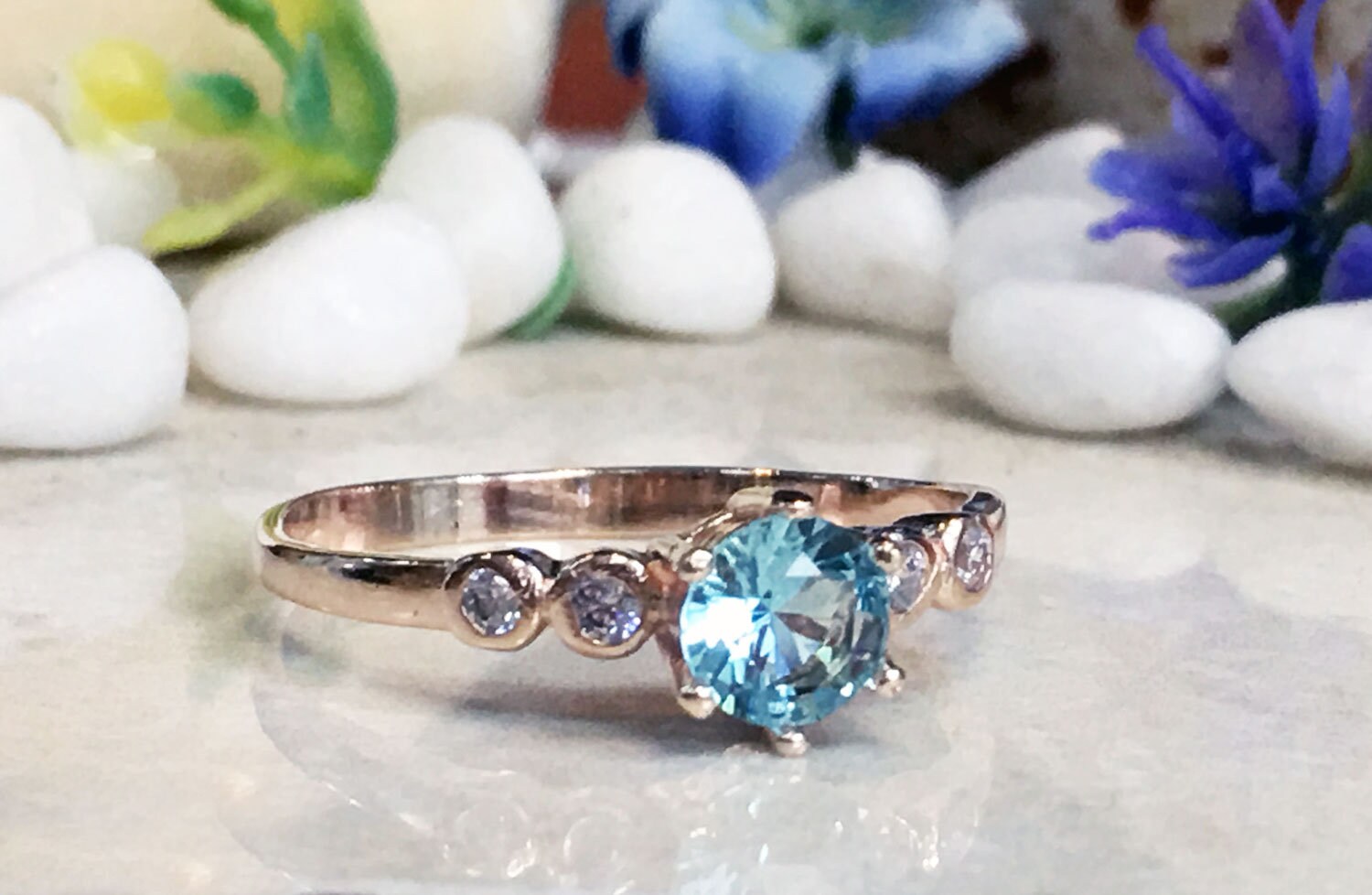 Round Aquamarine Simple Ring with Clear Quartz Accents - H.L.Jewelry
