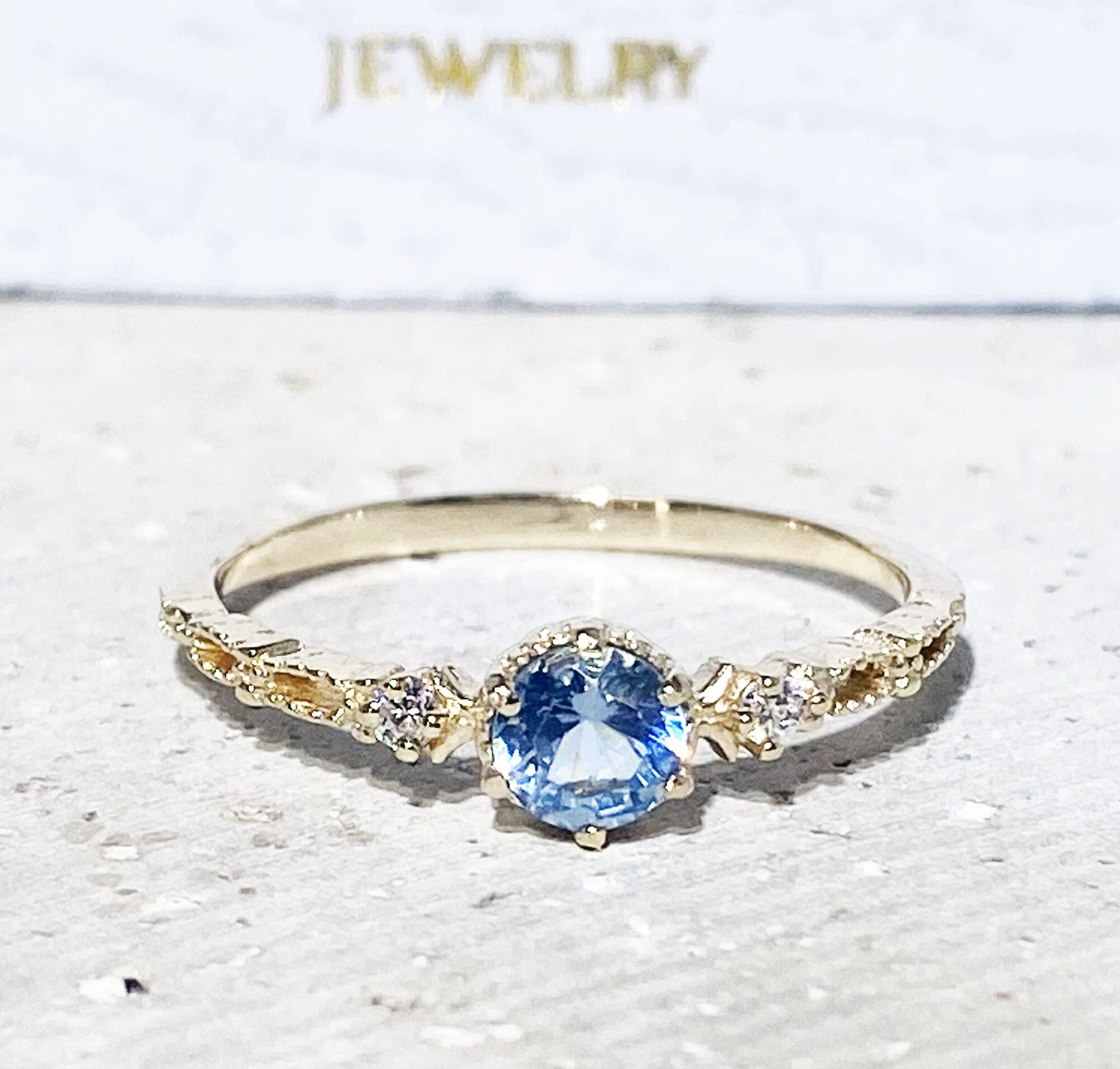 Round Aquamarine Stackable Ring with Clear Quartz Accents - H.L.Jewelry