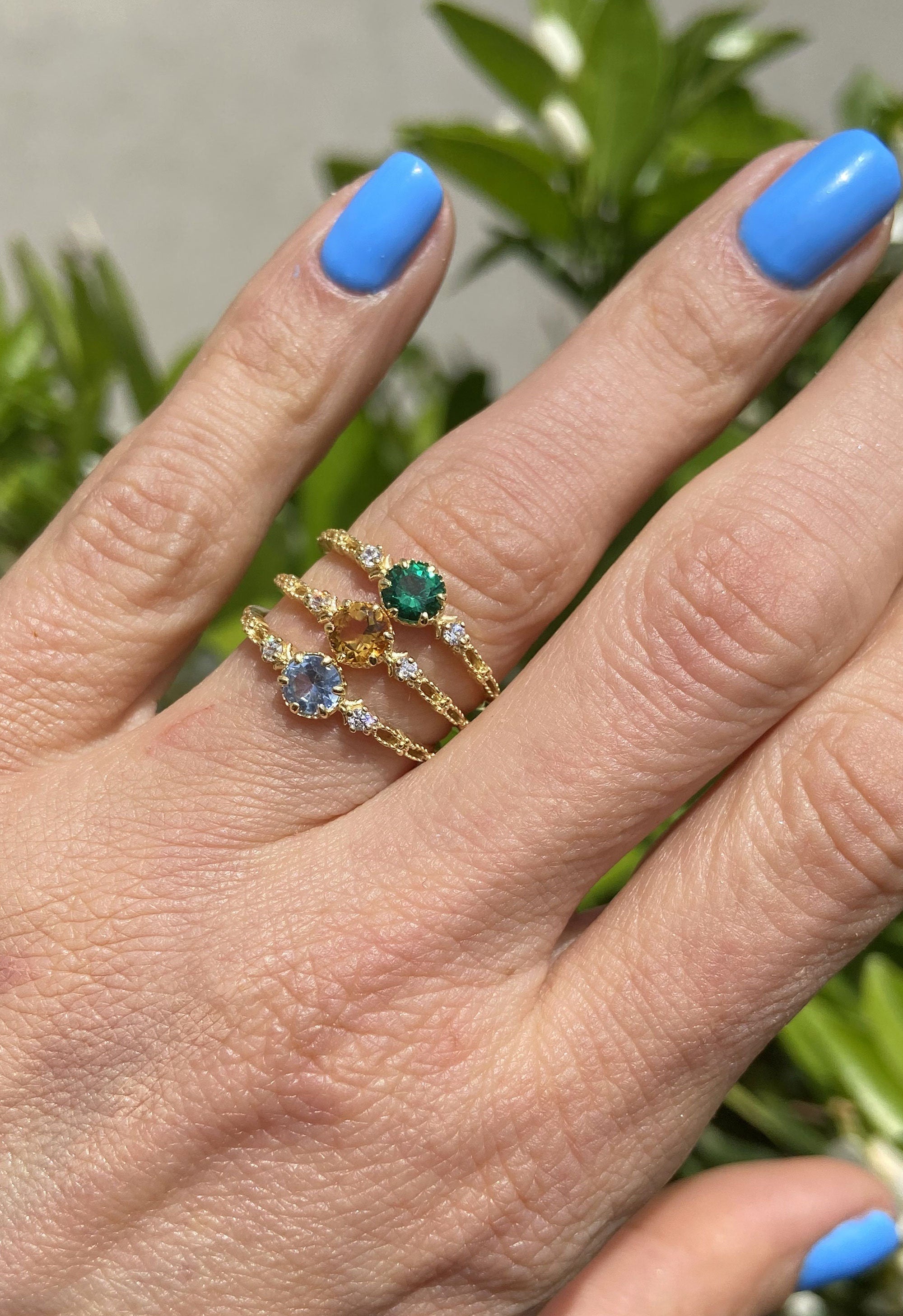 Round Aquamarine Stackable Ring with Clear Quartz Accents - H.L.Jewelry