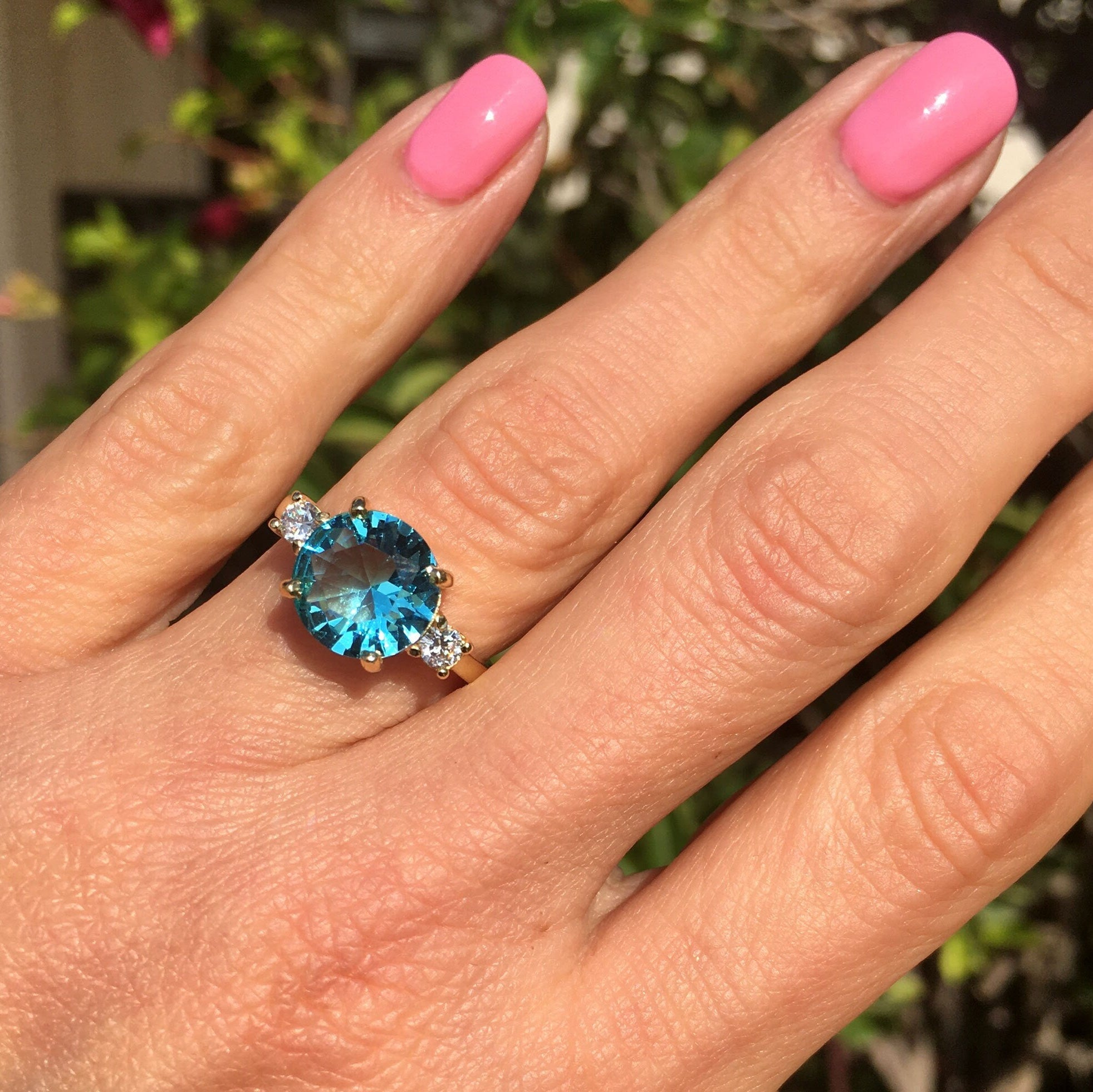 Round Aquamarine Statement Ring with Clear Quartz Accents - H.L.Jewelry