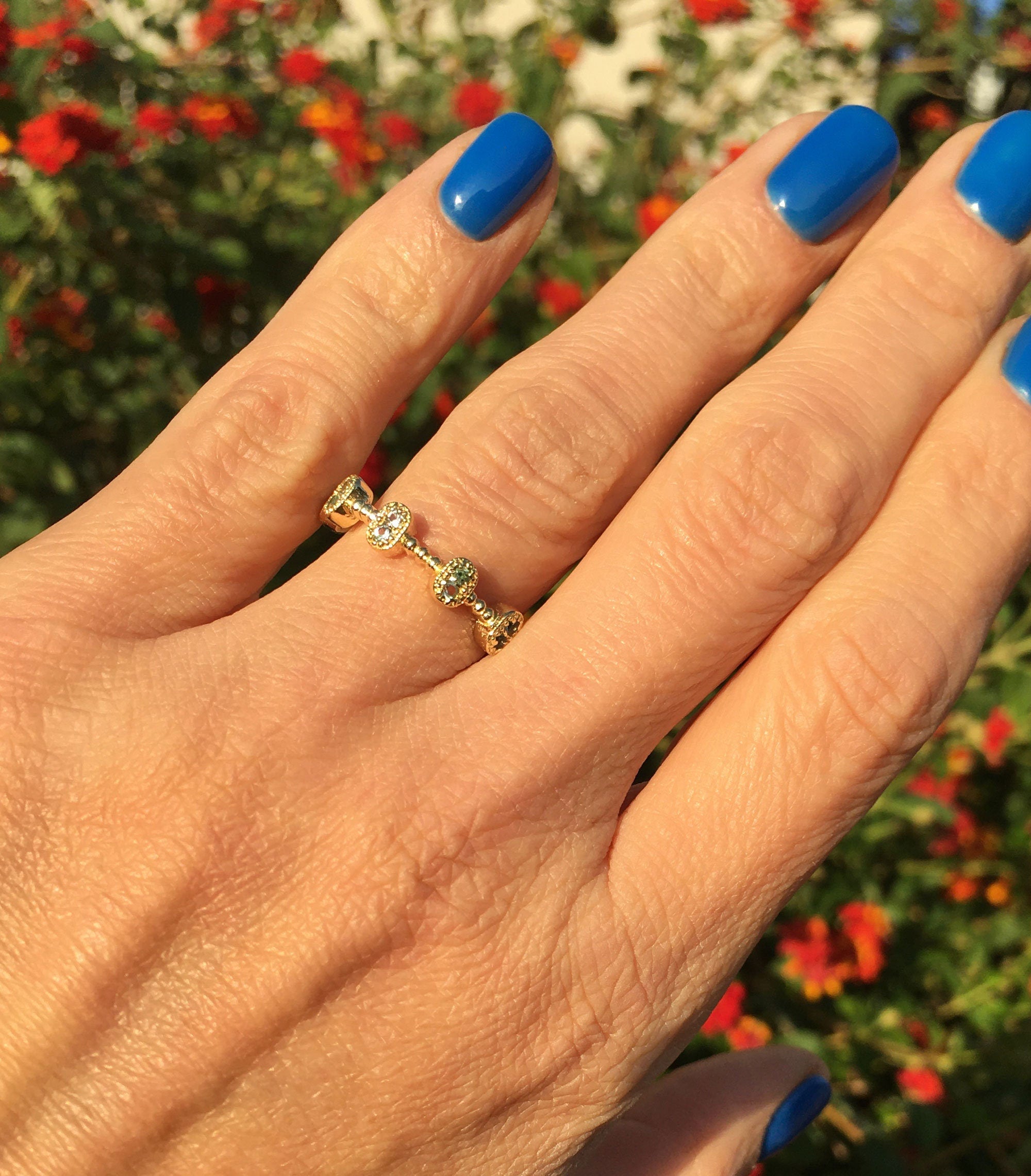 Round Aquamarine Ten Stone Bezel-Set Ring - H.L.Jewelry