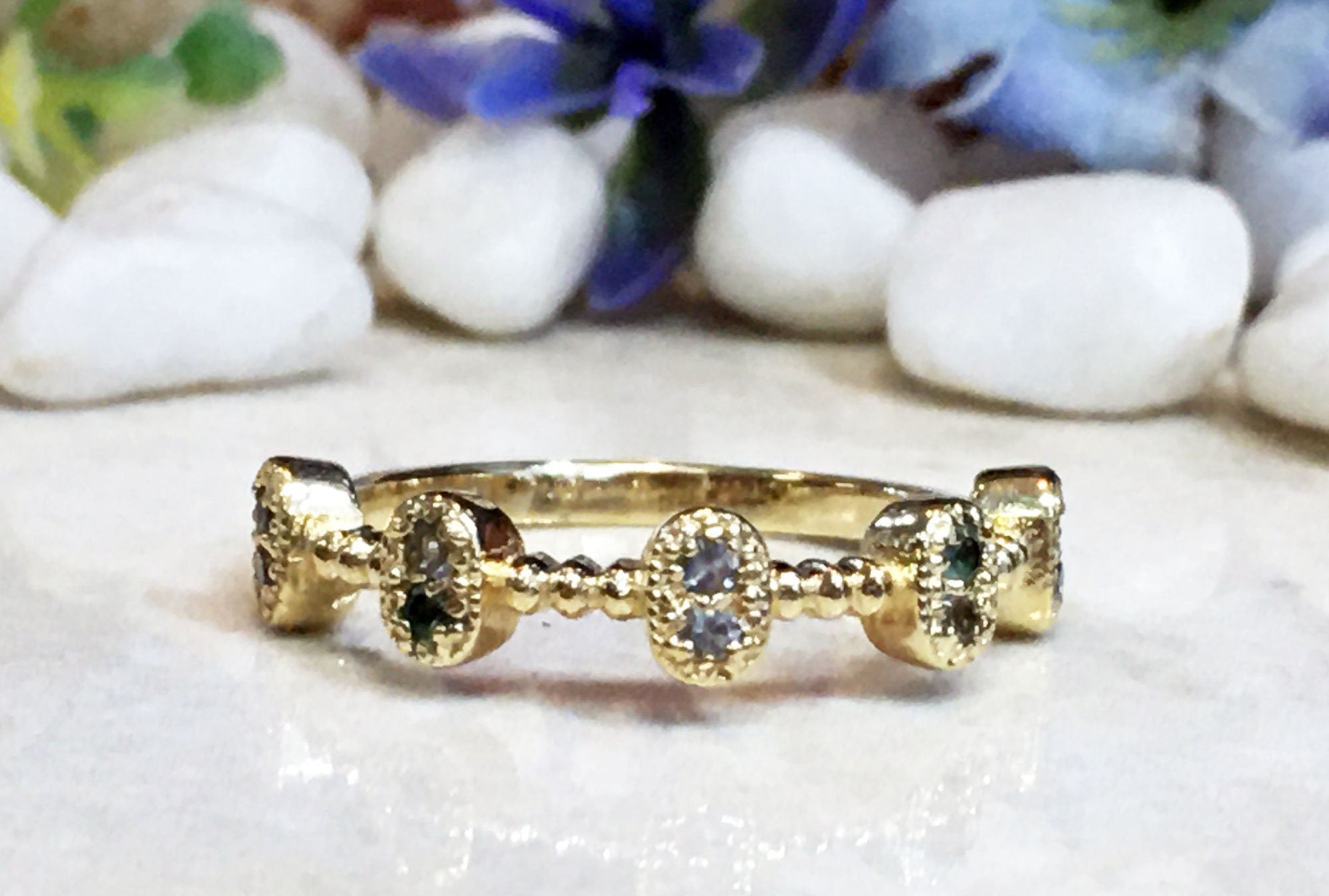 Round Aquamarine Ten Stone Bezel-Set Ring - H.L.Jewelry