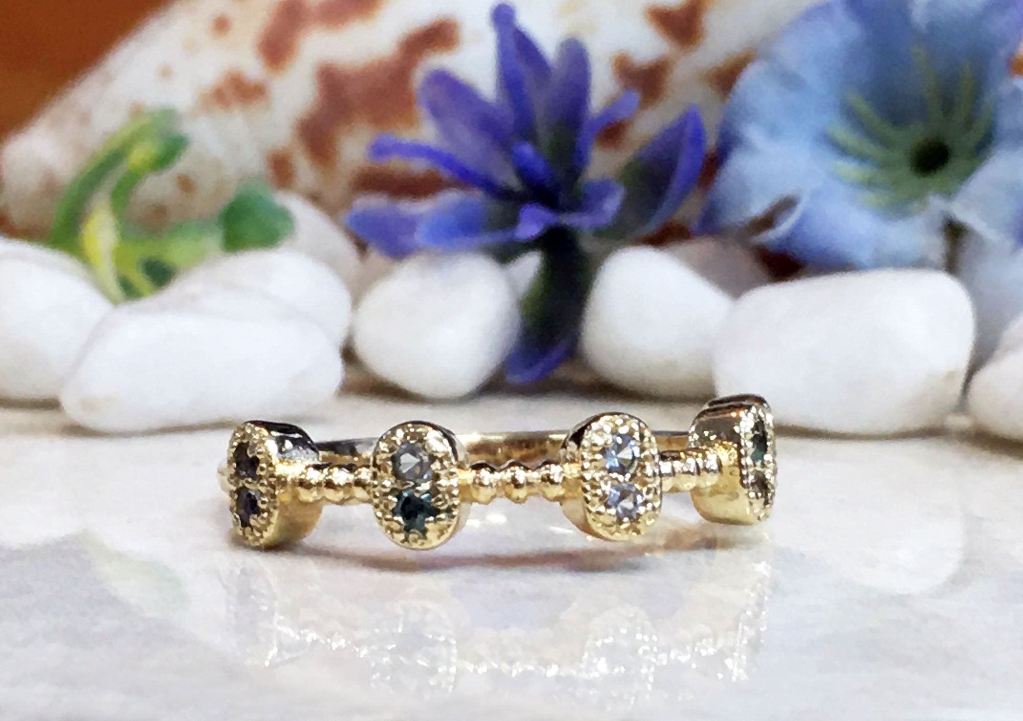 Round Aquamarine Ten Stone Bezel-Set Ring - H.L.Jewelry