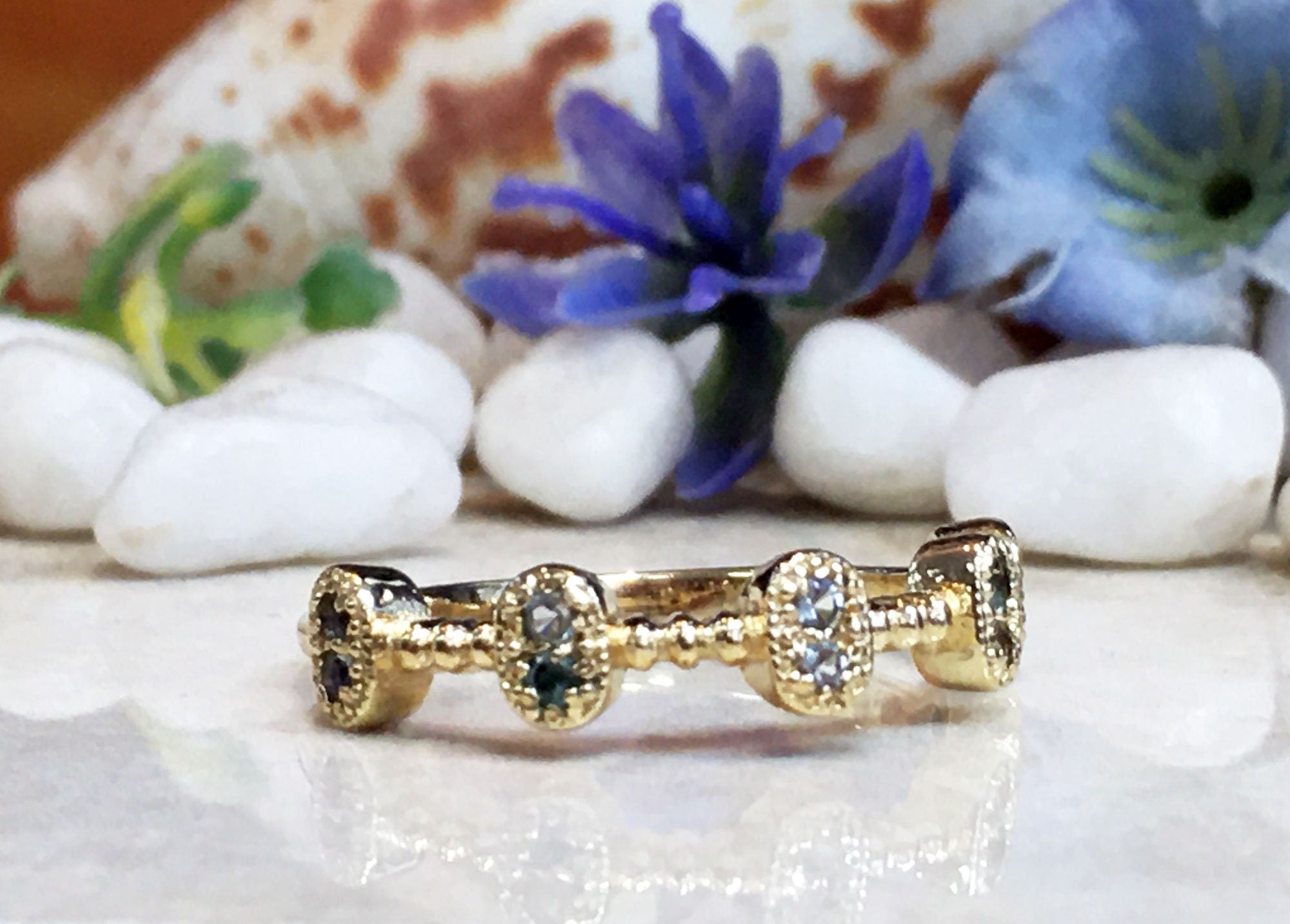 Round Aquamarine Ten Stone Bezel-Set Ring - H.L.Jewelry