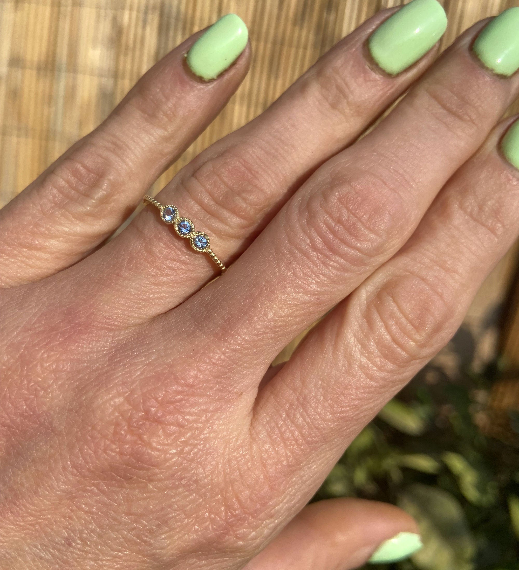 Round Aquamarine Three Stone Simple Stackable Ring - H.L.Jewelry