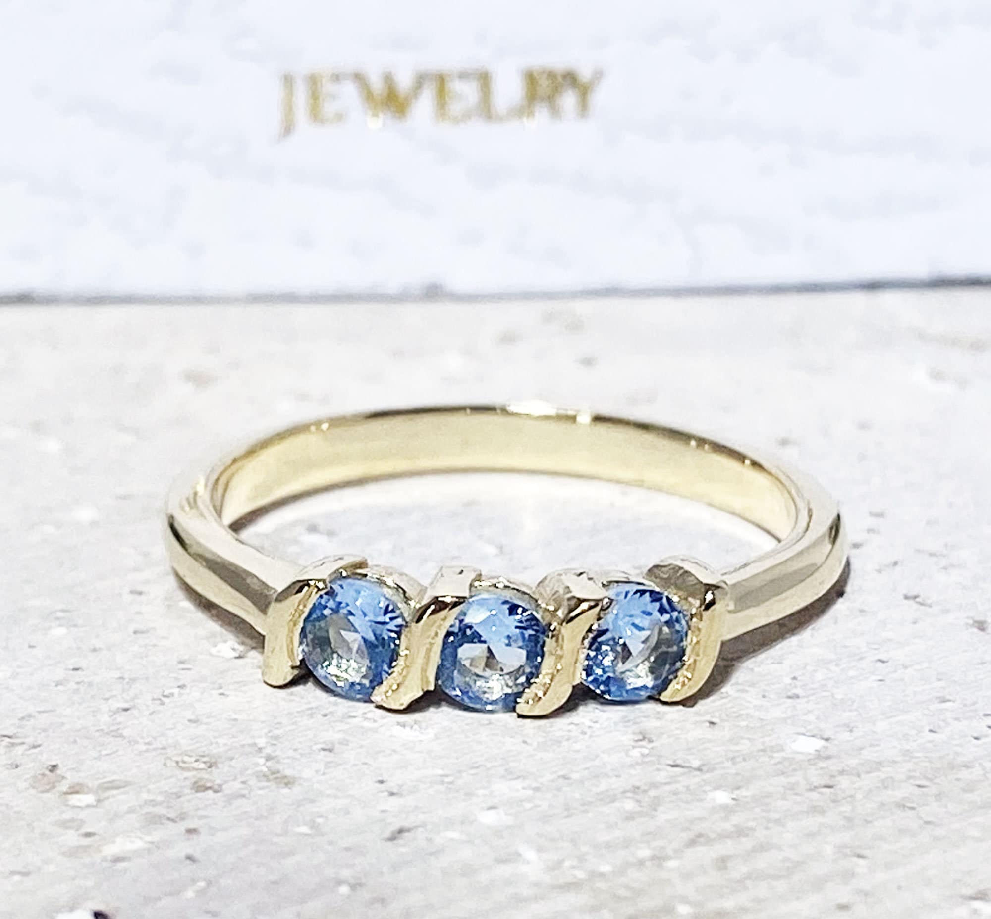 Round Aquamarine Three Stone Simple Stacking Ring - H.L.Jewelry