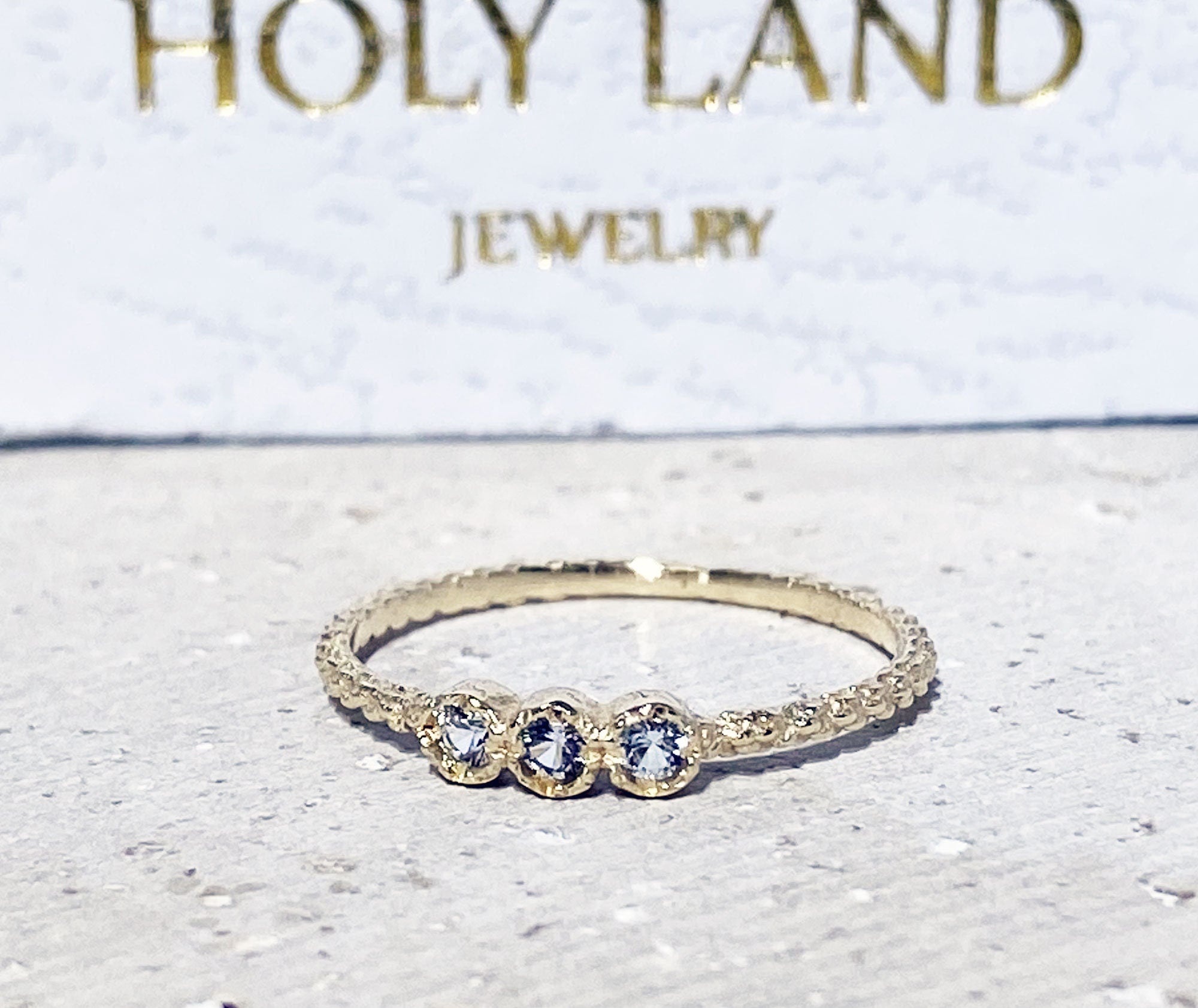 Round Aquamarine Three Stone Stackable Simple Ring - H.L.Jewelry