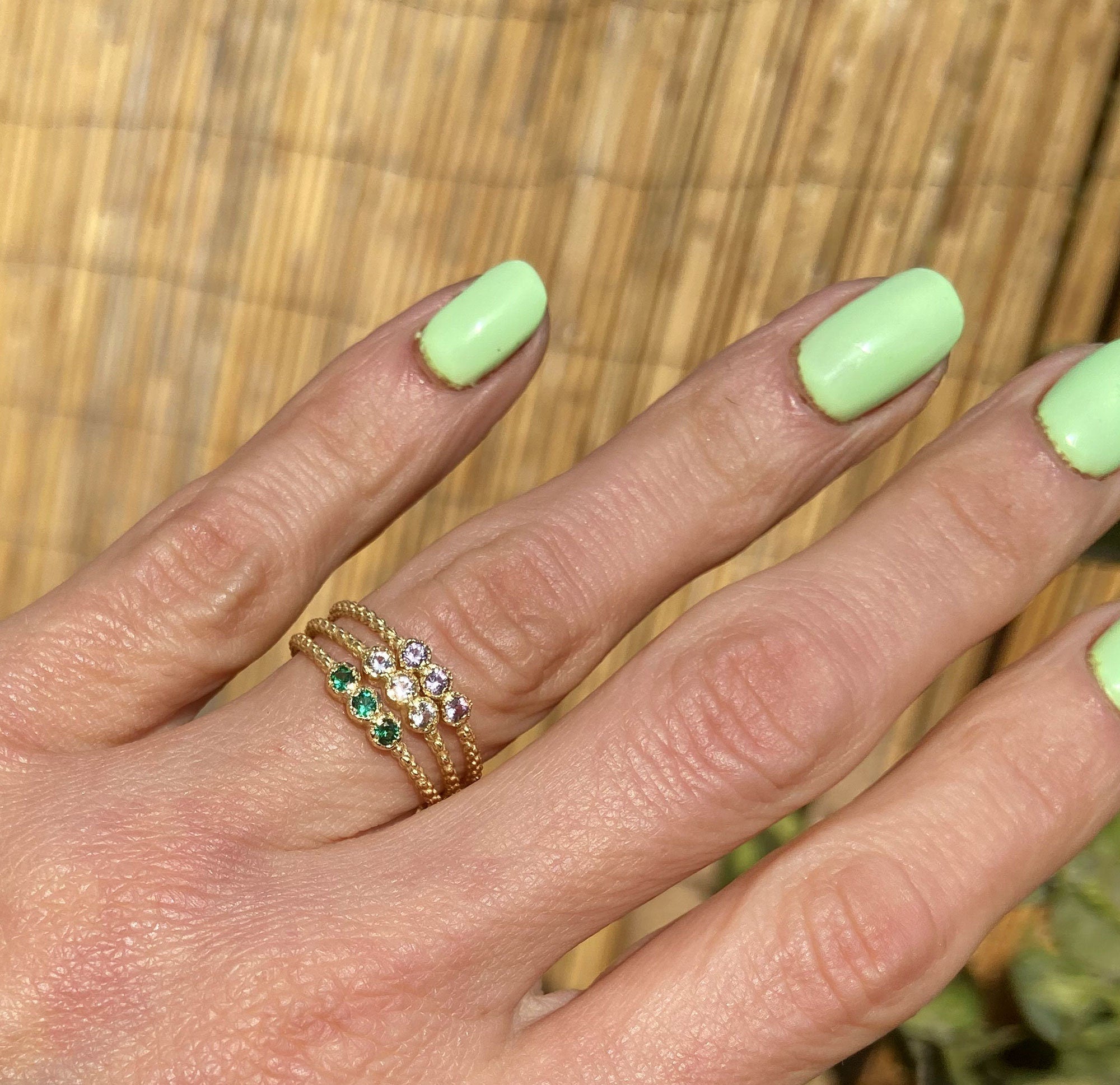 Round Aquamarine Three Stone Stackable Simple Ring - H.L.Jewelry