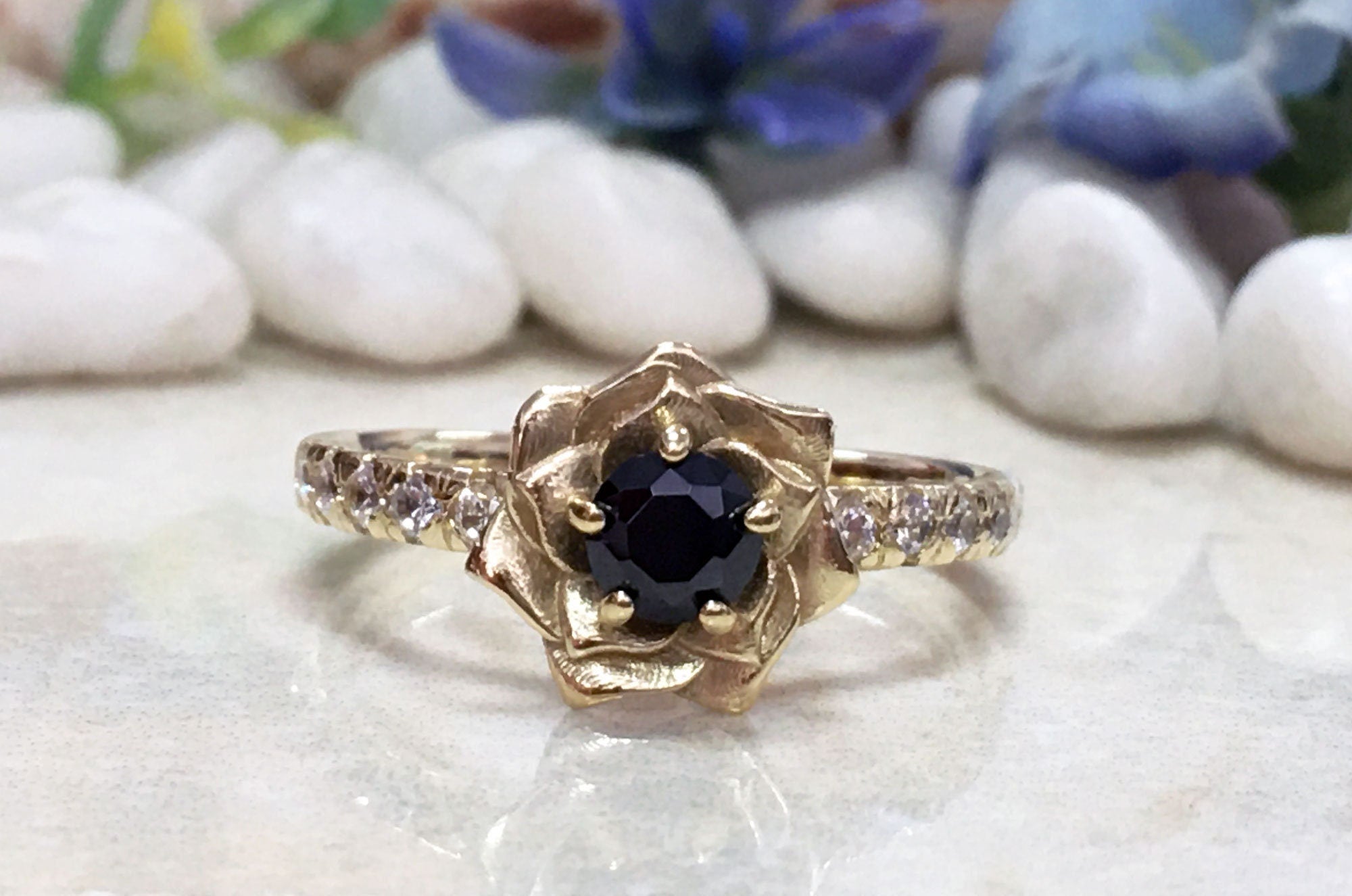 Round Black Onyx Camellia Ring with Clear Quartz Accents - H.L.Jewelry