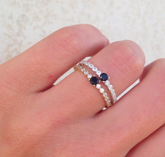 Round Black Onyx & Clear Quartz Thirteen Stone Stacking Half Eternity Ring - H.L.Jewelry