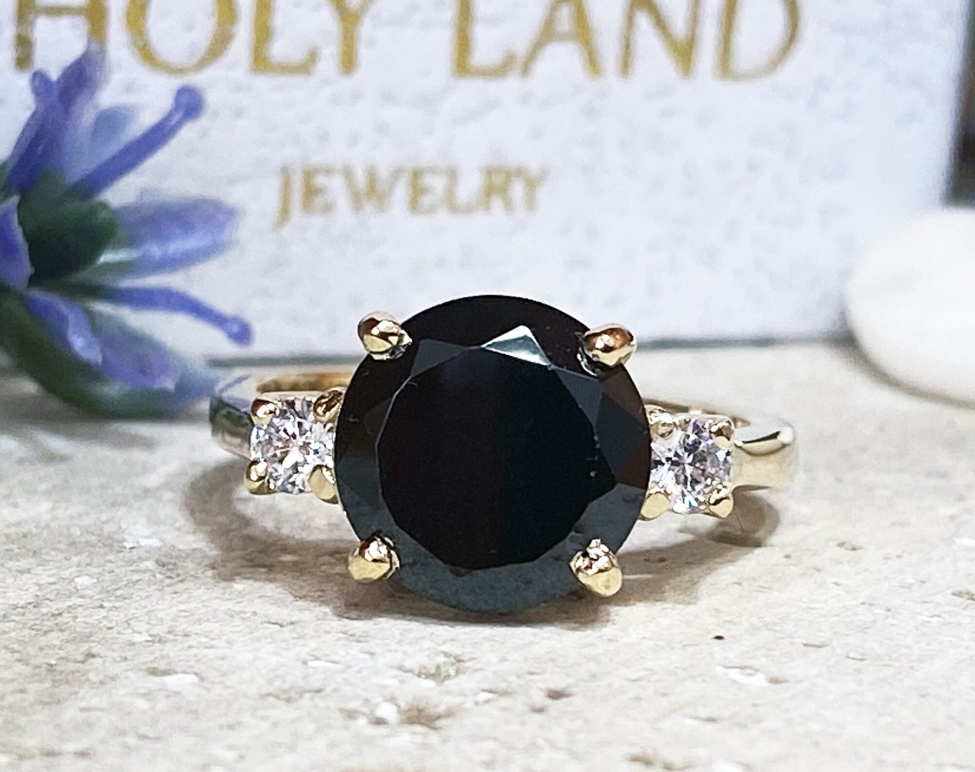 Round Black Onyx Cocktail Ring with Clear Quartz Accents - H.L.Jewelry