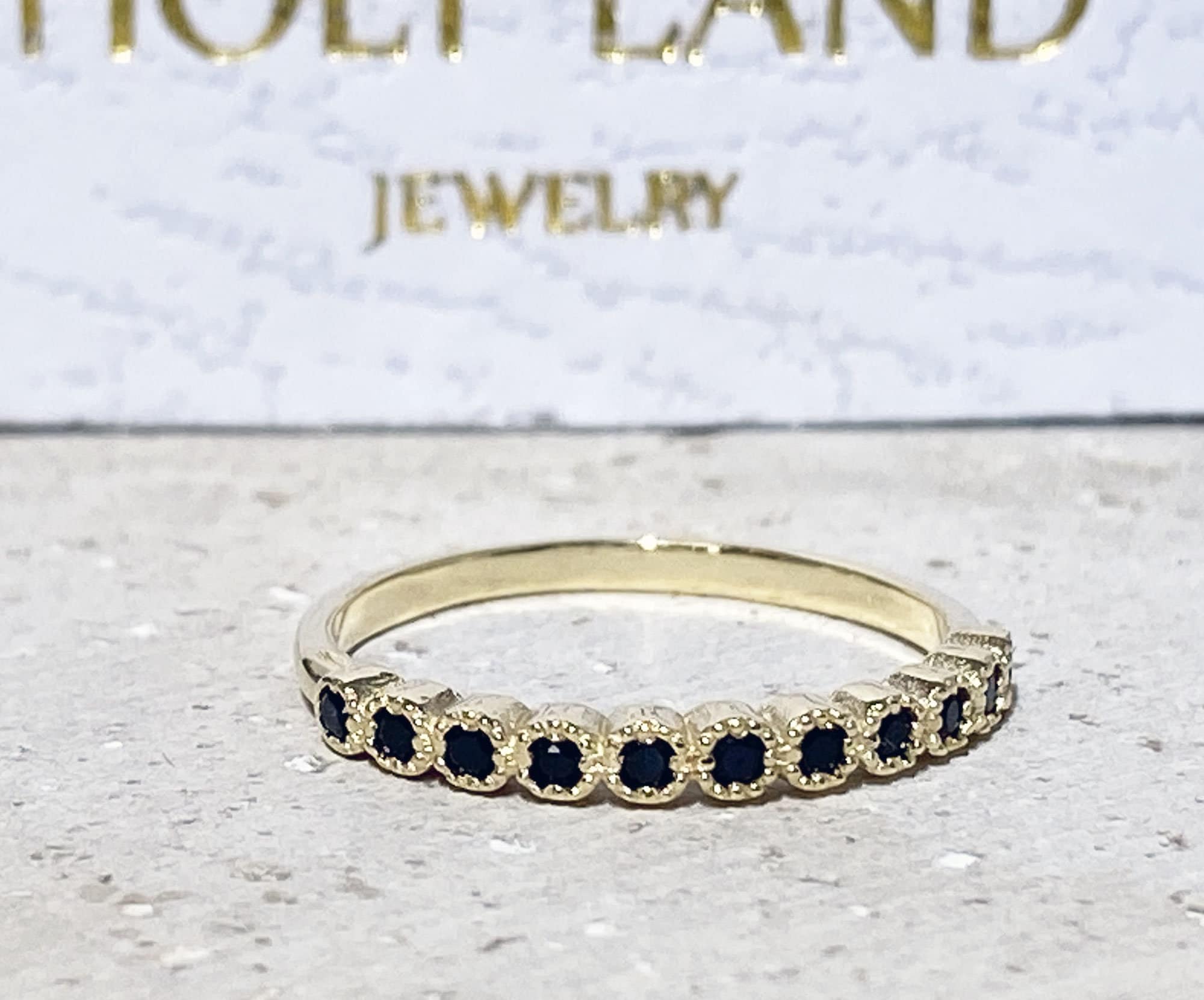 Round Black Onyx Eleven Stone Half Eternity Stacking Ring - H.L.Jewelry