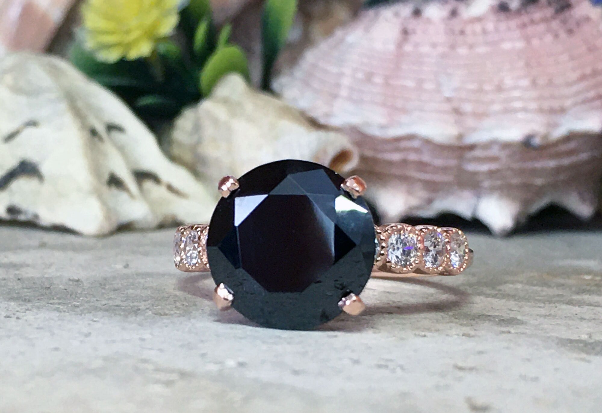 Round Black Onyx Engagement Ring with Clear Quartz Accents - H.L.Jewelry