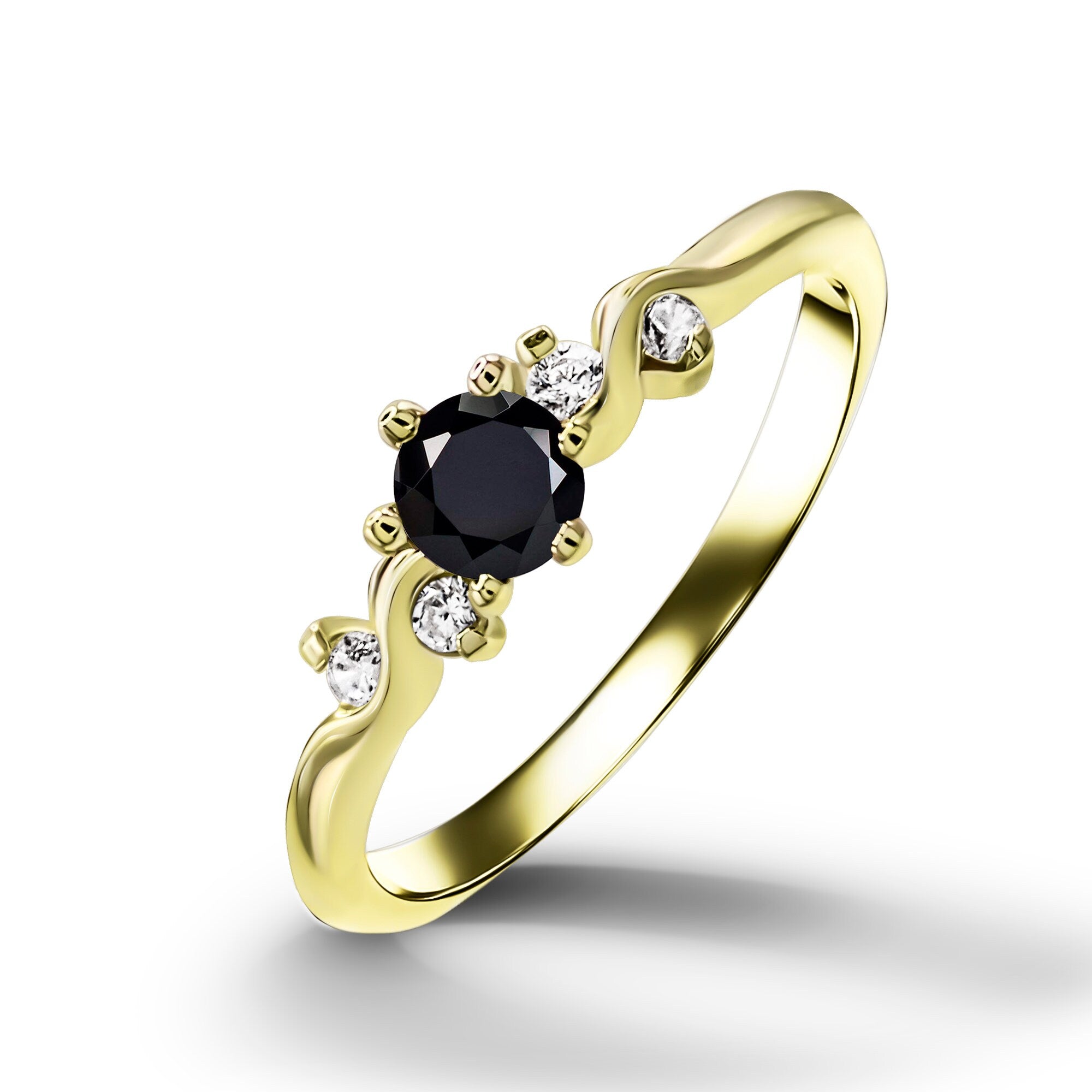 Round Black Onyx Stackable Ring with Clear Quartz Accents - H.L.Jewelry