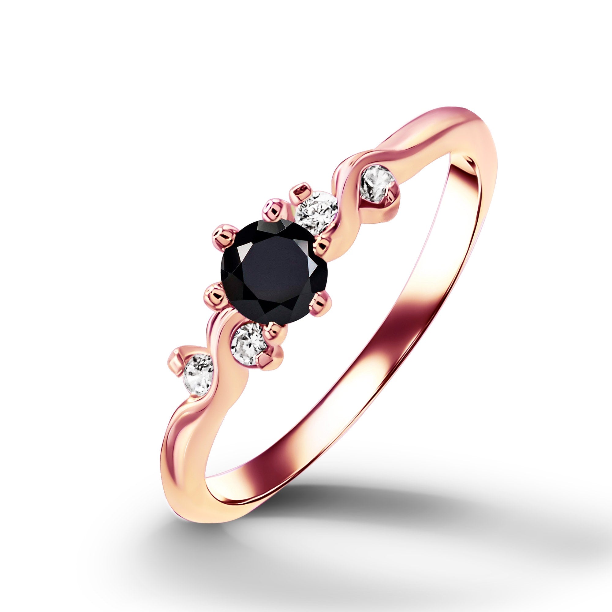 Round Black Onyx Stackable Ring with Clear Quartz Accents - H.L.Jewelry