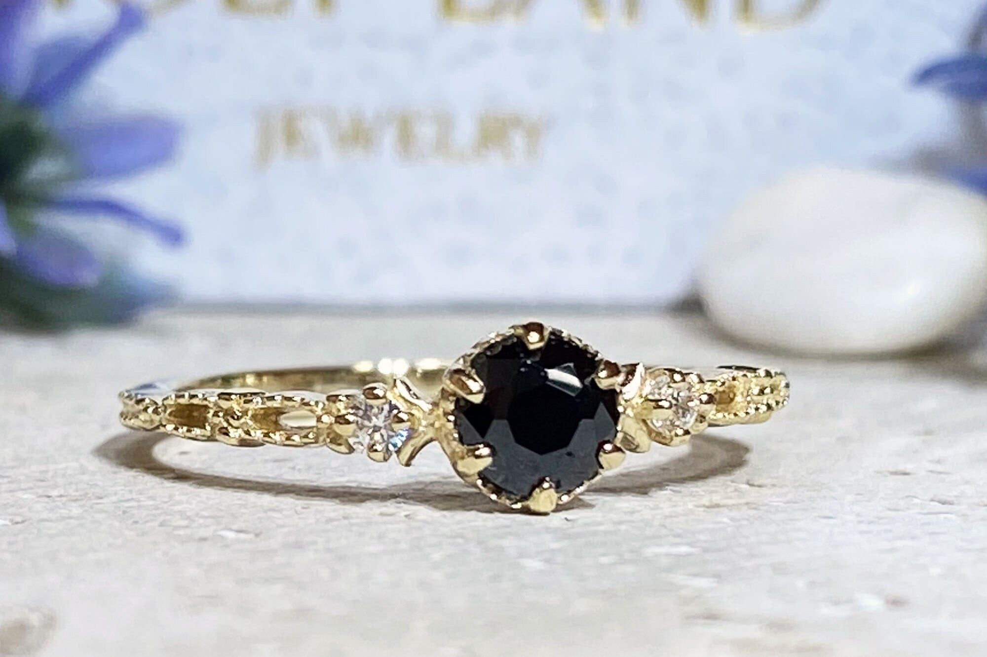 Round Black Onyx Stackable Ring with Clear Quartz Accents - H.L.Jewelry