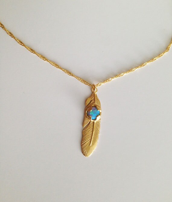 Round Blue Opal Feather Simple Delicate Chain Necklace - H.L.Jewelry