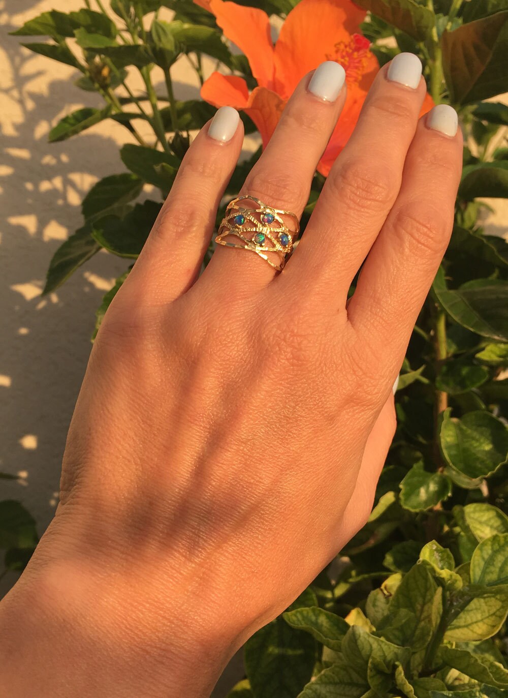 Round Blue Opal Four Stone Hammered Band Ring - H.L.Jewelry