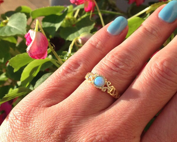 Round Blue Opal Gemstone Filigree Ring - H.L.Jewelry