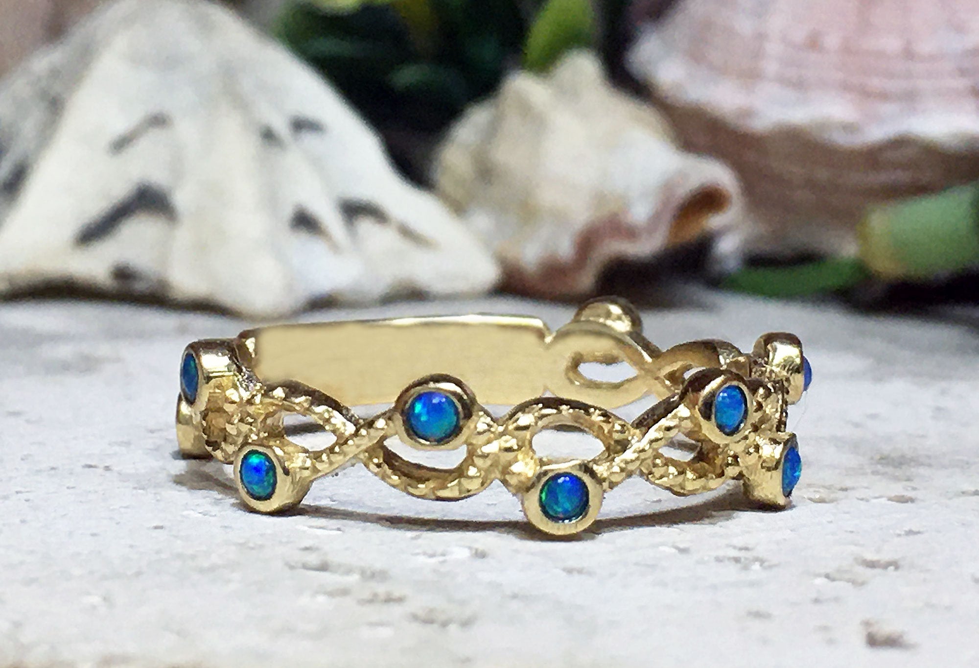 Round Blue Opal Ten Stone Infinity Ring - H.L.Jewelry