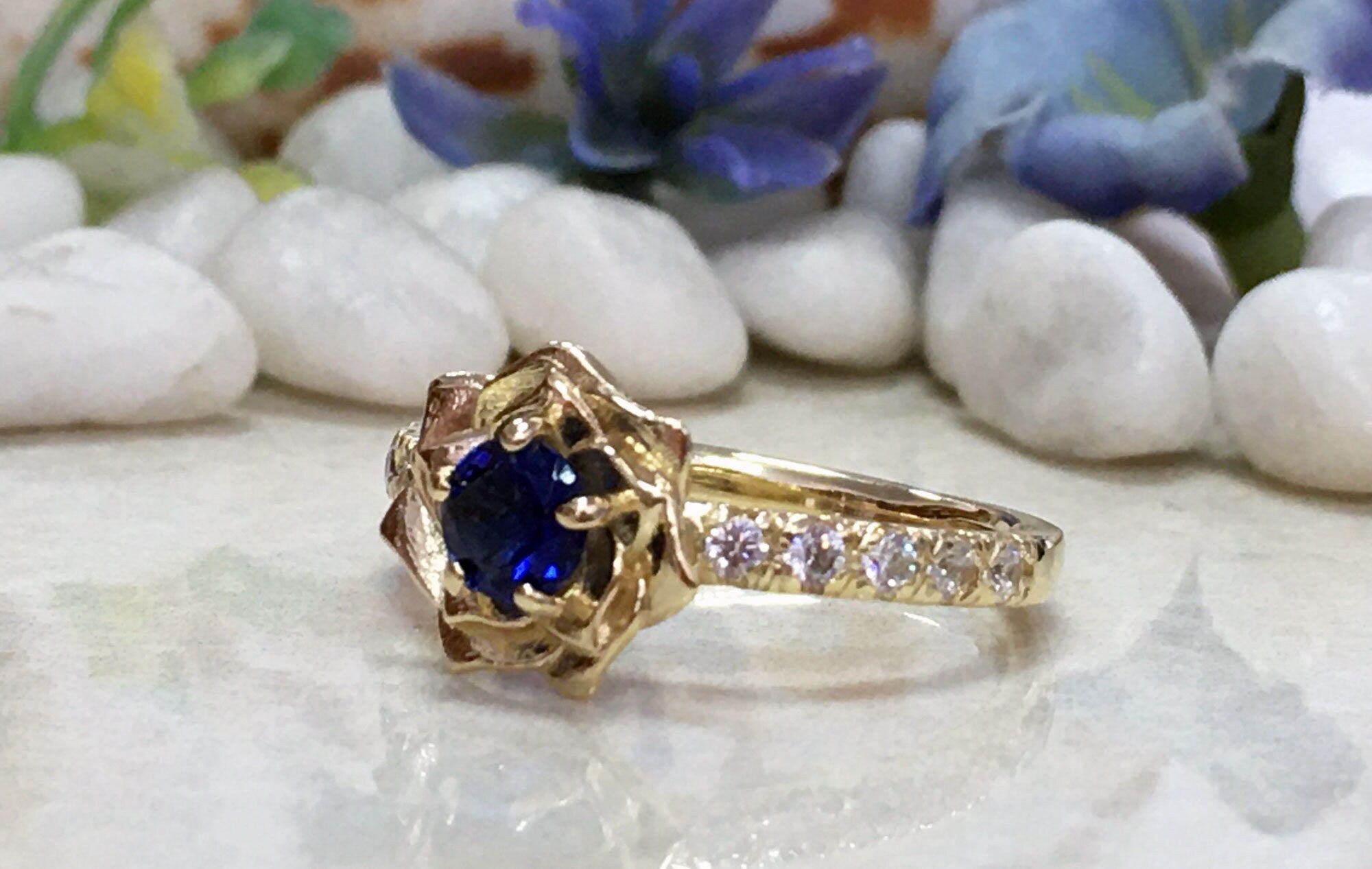 Round Blue Sapphire Camellia Ring with Clear Quartz Accents - H.L.Jewelry